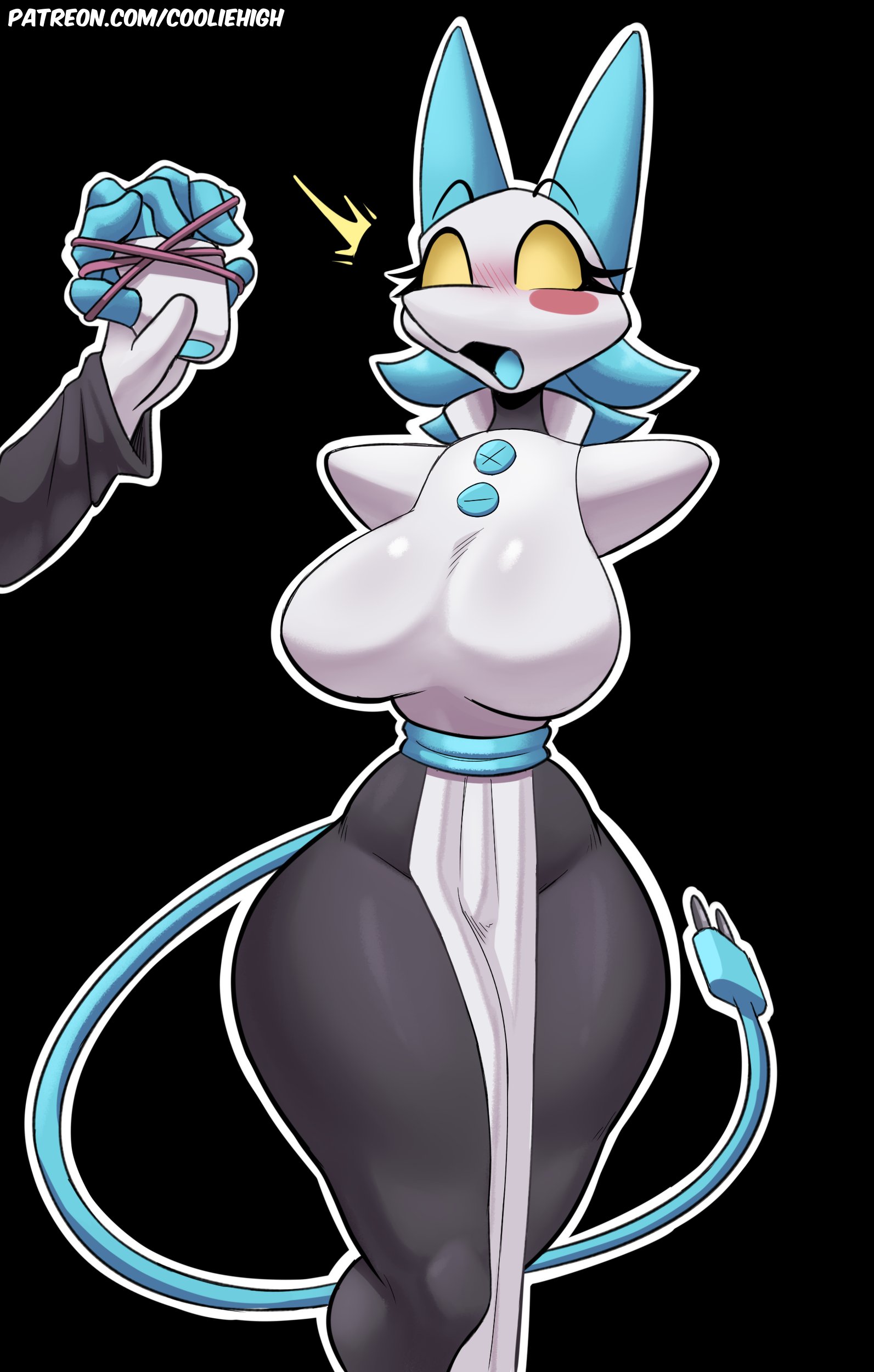 2022, anthro, anthro only, artist name, big breasts, black background, blue hair, blue tongue, blush, breasts, buttons, clothed, cooliehigh, deltarune, disembodied hands, embarrassed, empty eyes, eyebrows, eyelashes, female, hair, horns, huge hips, loincloth, open mouth, patreon, patreon url, patreon username, ralsei, short hair, standing, surprised, tagme, tail, tasque manager (deltarune), thick thighs, thighs, tied hands, tongue, undertale, undertale (series), url, yellow eyes