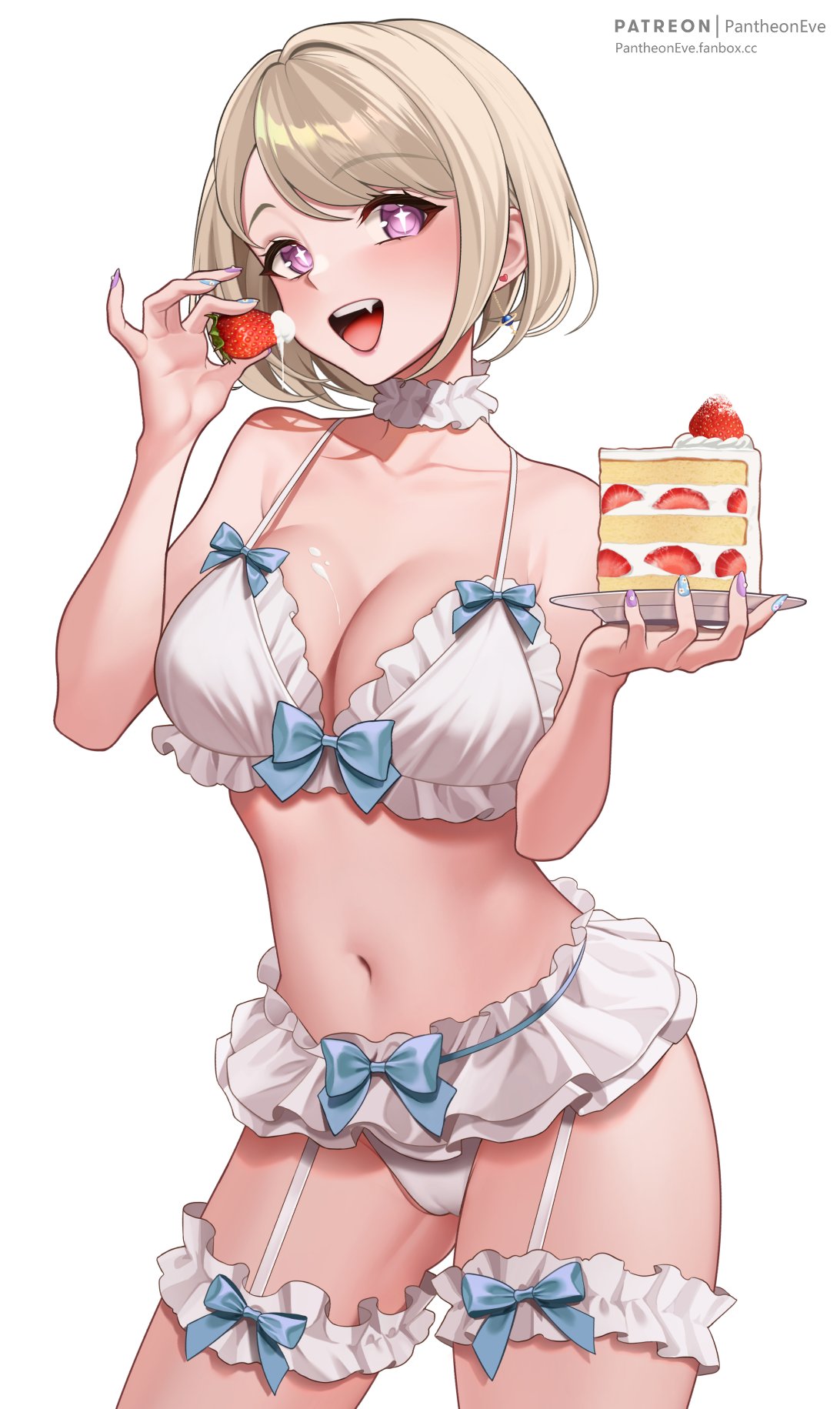 1girls big_breasts blonde_hair blue_eyes blue_nails breasts cake cameltoe choker cleavage female female_only food garter_belt garter_straps multicolored_nails nail_polish original painted_nails pantheon_eve panties purple_nails sparkling_eyes strawberry suggestive_fluid suggestive_food thick_thighs