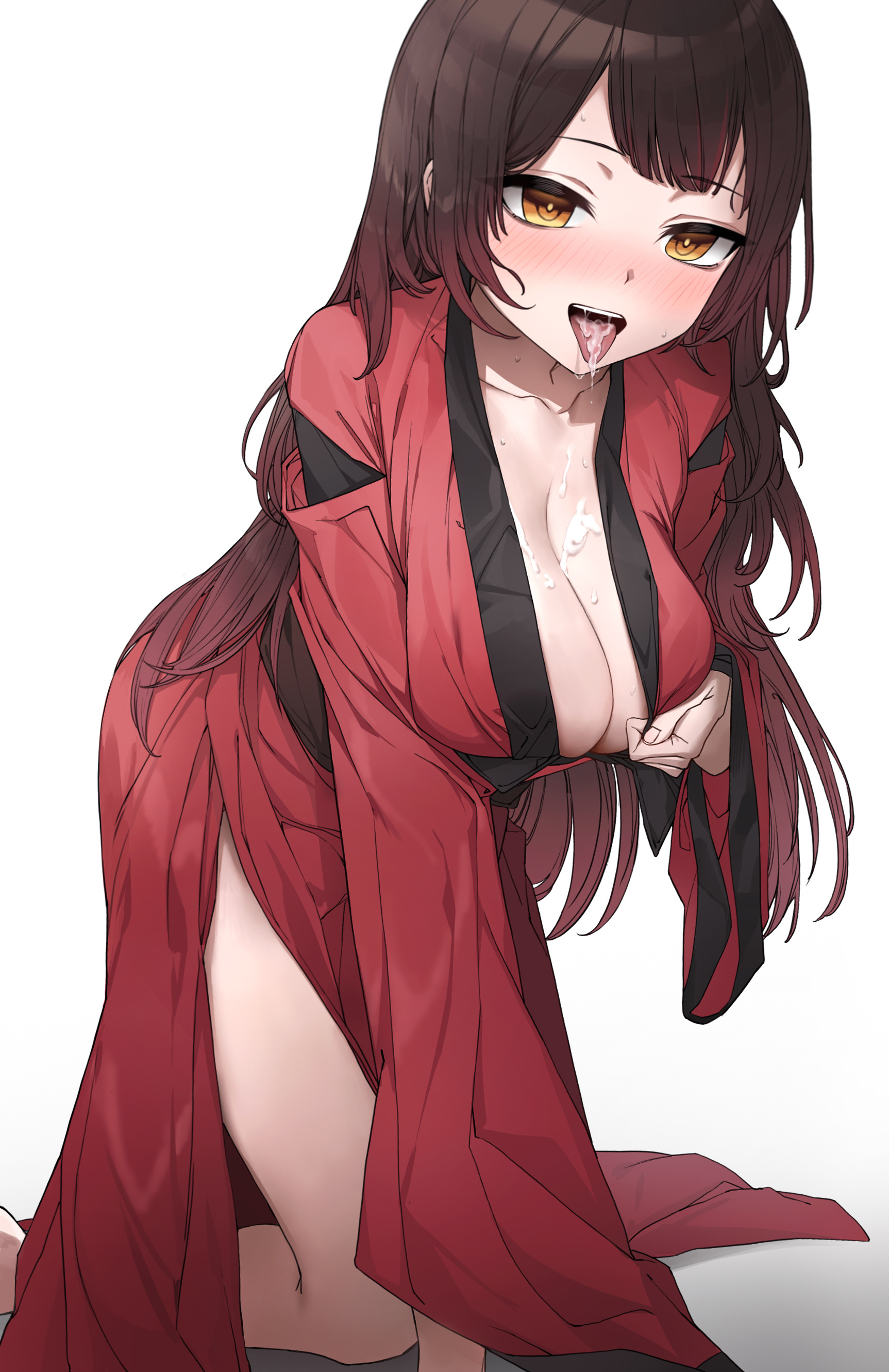 1girls, after fellatio, bathrobe, big breasts, blush, breasts, brown hair, cleavage, cum, cum in mouth, cum on breasts, female, female only, hololive, hololive gen 0, hololive japan, korogoro (mago0057), large breasts, light skin, light-skinned female, original, robe, roboco-san, virtual youtuber, yellow eyes
