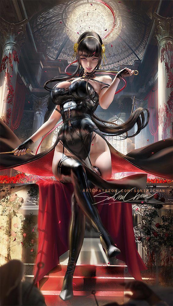 1girls, 2022, artist signature, assassin, black dress, black hair, breasts, clothed, clothed female, dress, female, female only, hips, holding object, huge breasts, long hair, looking at viewer, naughty face, red eyes, sakimichan, slim waist, spy x family, stiletto (weapon), thick thighs, thighs, thorn princess, tongue, tongue out, watermark, weapon, wide hips, yor briar