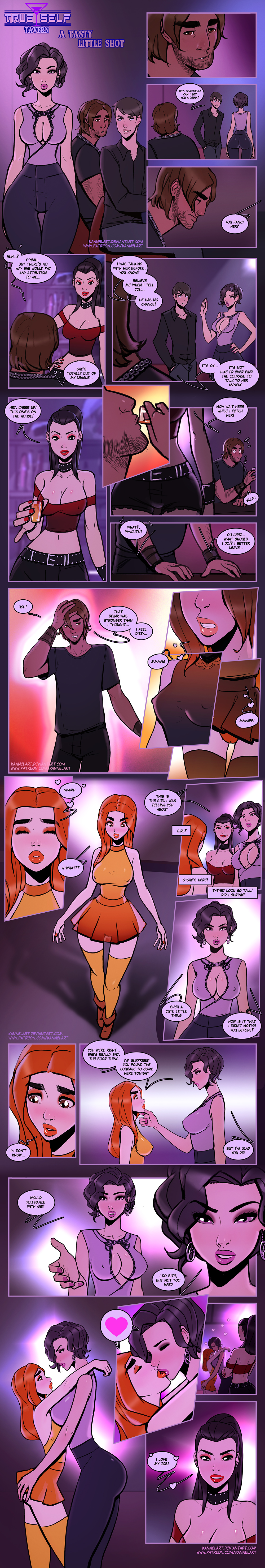 ass_expansion bar breast_expansion comic gender_transformation ginger ginger_hair hair_color_change hair_growth kannelart kissing lesbian lip_expansion mtf_transformation orange_hair tavern transformation yuri