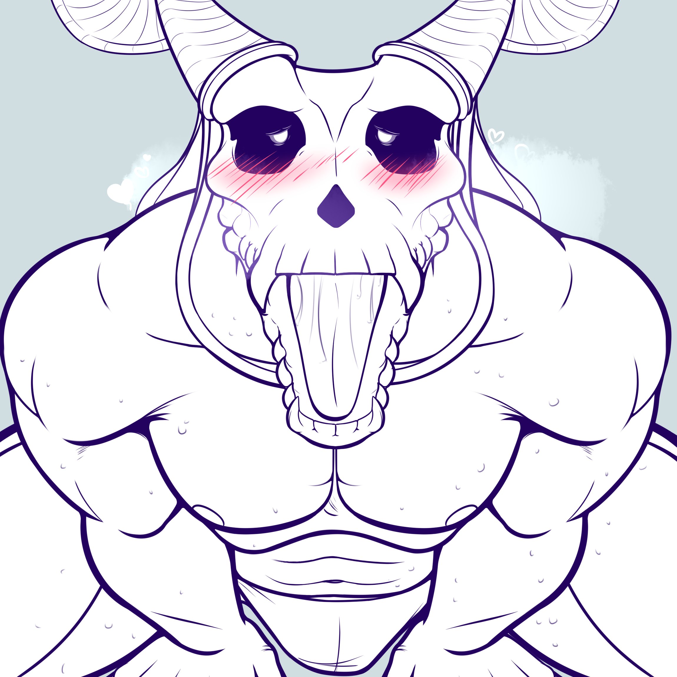 1boy, blush, dark eyes, demon, dudeanyone, elias ainsworth, gay, horns, humanoid, looking at viewer, looking up, mahoutsukai no yome, male, male only, muscular, muscular male, open mouth, pecs, solo, solo focus, submissive male, tongue, yaoi