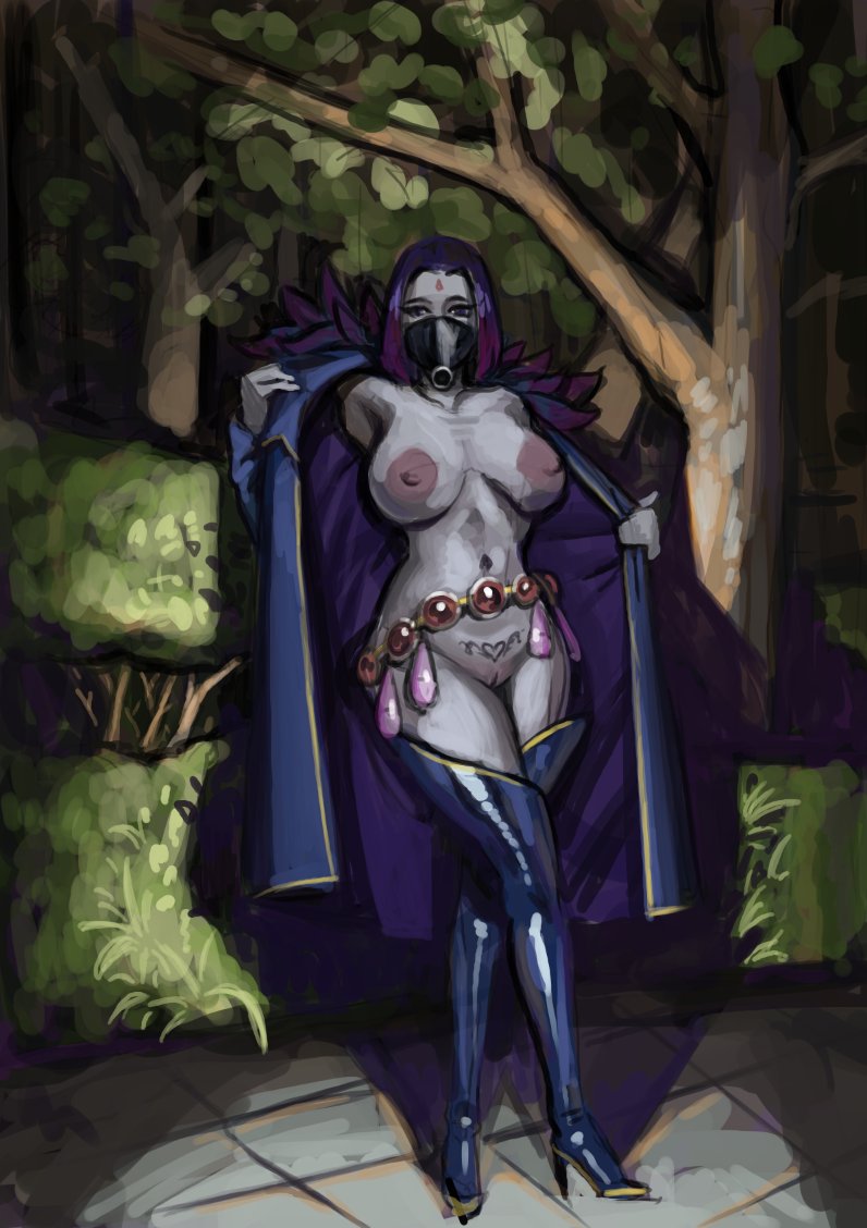 1girls, areolae, big breasts, bimbo, breasts, condom, condom accessories, condom balloon, condom belt, dc, dc comics, exhibitionism, fellatio mask, female, female only, filled condom, flashing, forehead jewel, large areolae, large breasts, looking at viewer, outside, pubic tattoo, public nudity, purple hair, rachel roth, raven (dc), straight hair, teen titans, thighhighs, weakj, wide hips