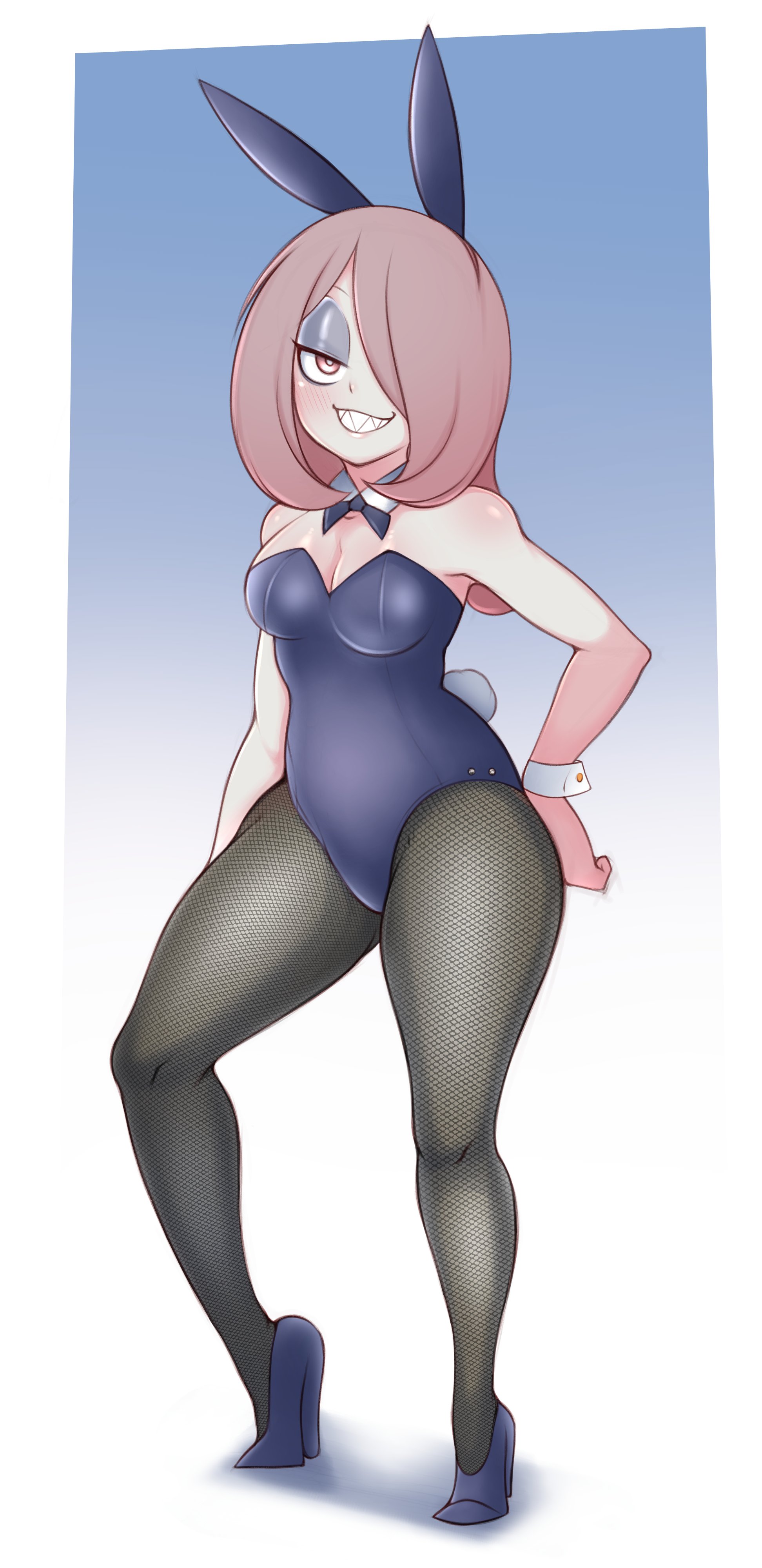 1girls, blue background, blush, blushing, border, bowtie, breasts, bunny ears, bunnysuit, cheeky, chubby, cleavage, dark circles, eyeshadow, female, fishnets, hair over one eye, half-closed eyes, hand on hip, high heels, little witch academia, long hair, looking at viewer, pantyhose, pose, posing, saltyxodium, seductive, sharp teeth, shirt collar, simple background, smile, smiling, strapless dress, sucy manbavaran, thick thighs