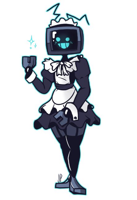 antenna antenna_wire blush cosplay friday_night_funkin grey_skin hex_(yingyang48) jacefunny maid maid_dress maid_outfit male metal oc robot smile television thighhighs tv_head white_background