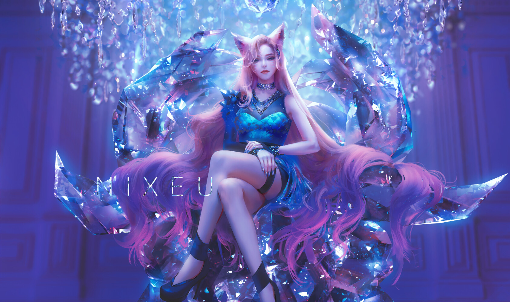 1girls, ahri, crossed legs, female, female only, k/da ahri, k/da series, league of legends, legs, light skin, light-skinned female, nixeu, thick thighs