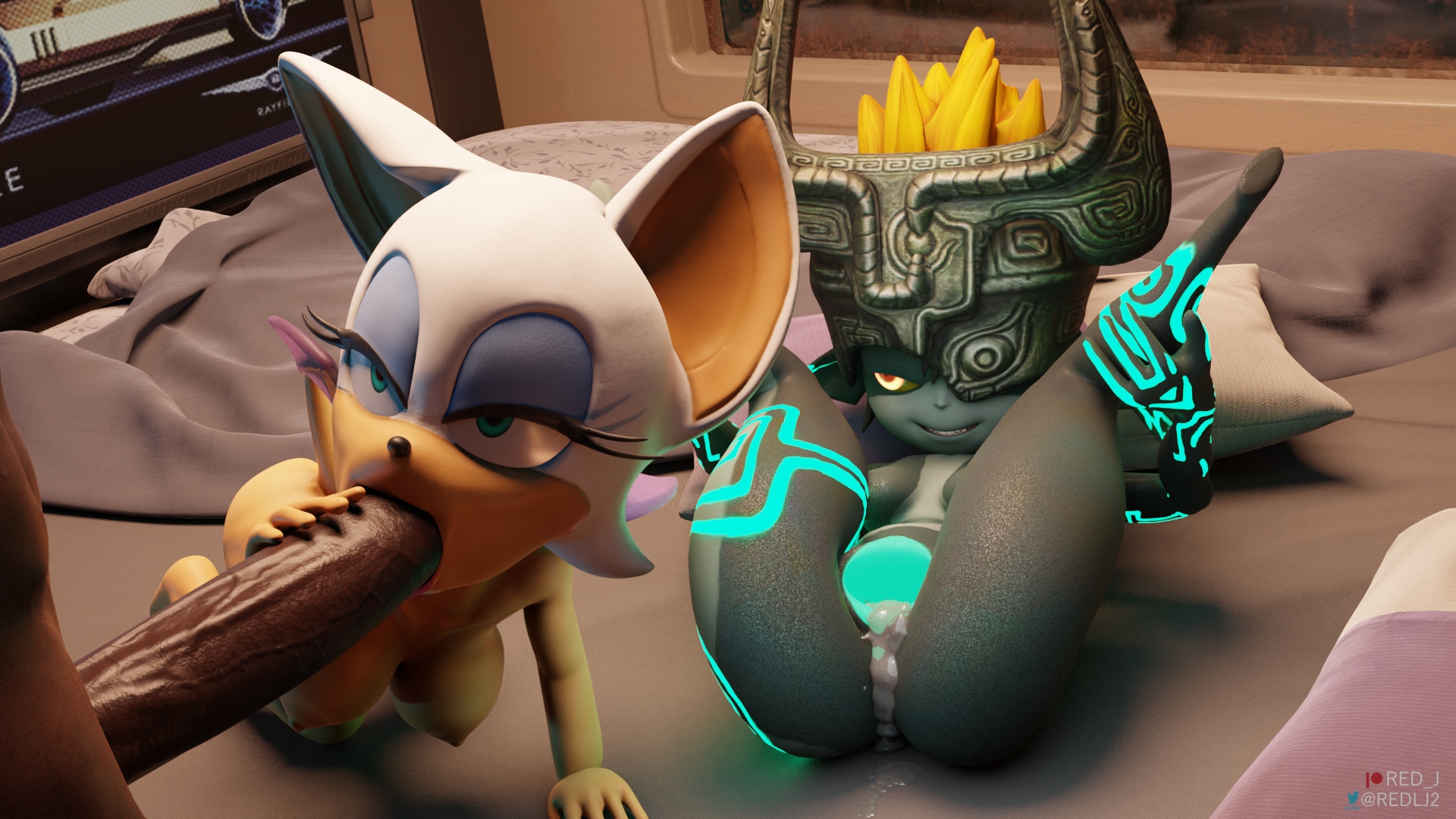 1boy, 2girls, 3d, 3d model, anthro, big penis, blender (software), blowjob, completely nude, creampie, crossover, cum, cum in pussy, cum inside, dark skin, dark-skinned male, fellatio, female, furry, high resolution, huge cock, imp midna, interracial, interspecies, male, midna, mobian, mobian (species), mobian bat, multiple females, multiple girls, nintendo, nude, penis, pussy, red lj, rouge the bat, sega, semen, size difference, sonic (series), sonic adventure 2, sonic the hedgehog (series), the legend of zelda, twilight princess, unseen male face, wings
