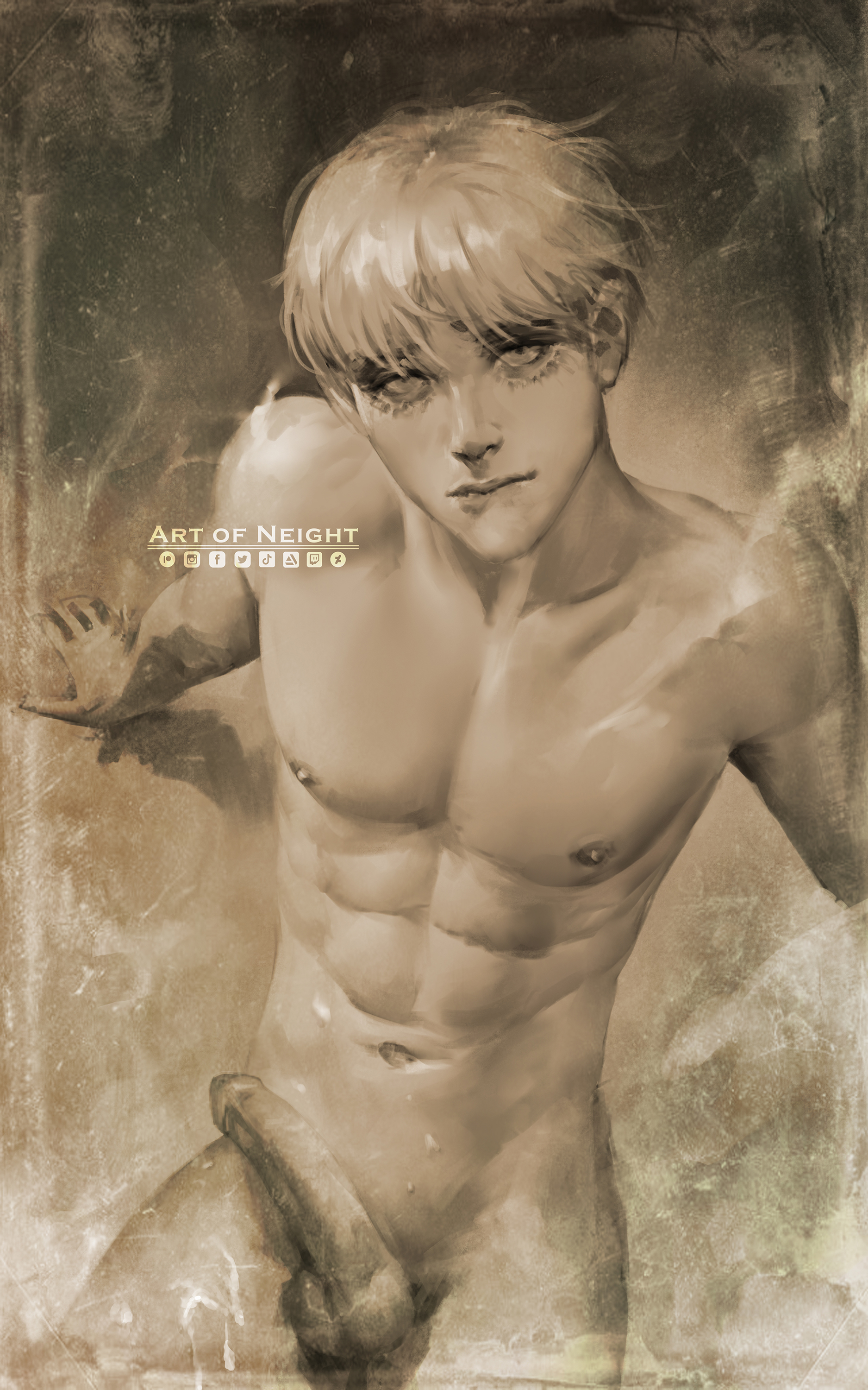1boy, armin arlert, attack on titan, biting lip, completely nude, facial markings, genitals, looking at viewer, male, male only, naked, neight, nude, nude male, painting (artwork), penis, shingeki no kyojin, solo, solo focus