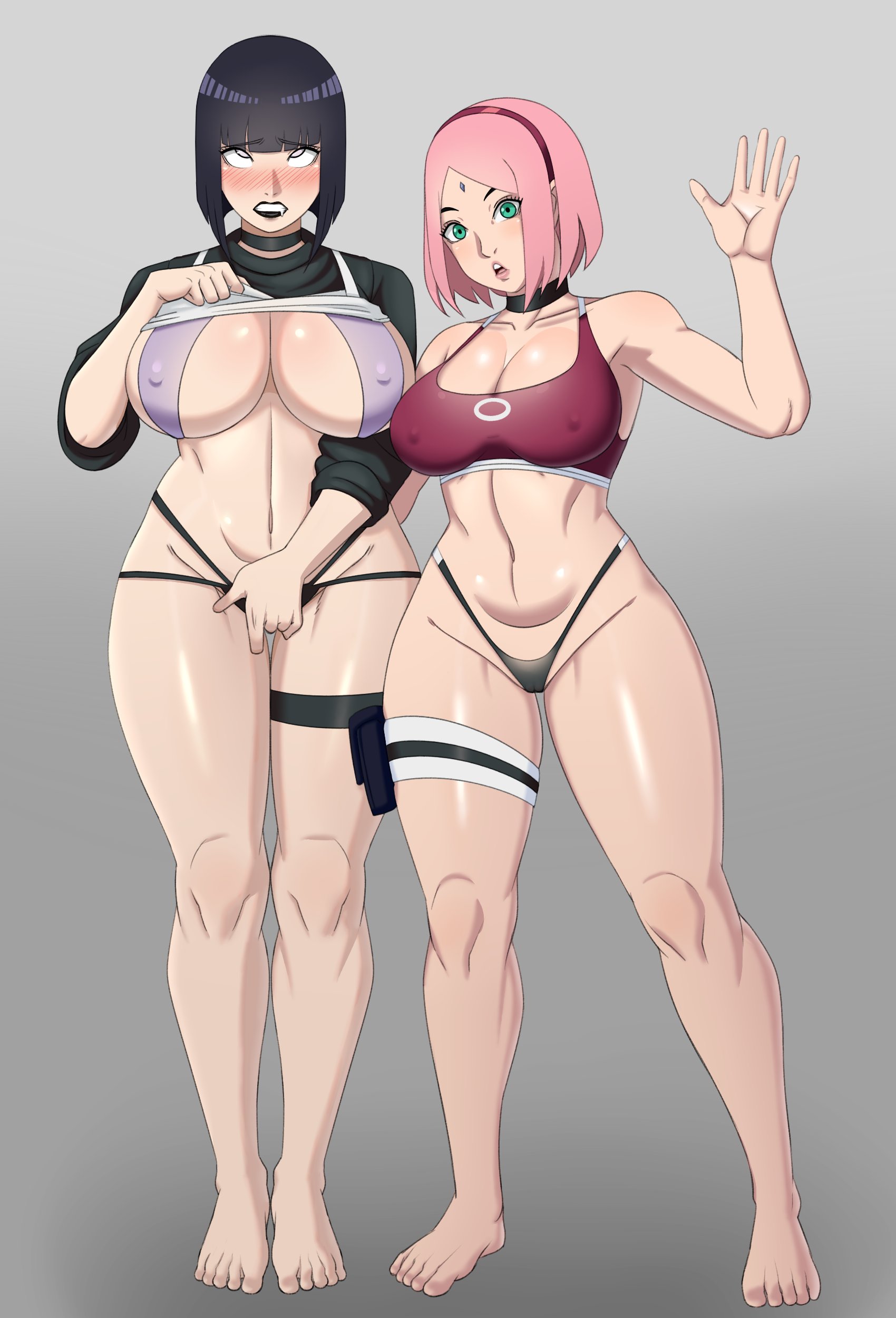 2girls, ass, ass grab, big breasts, black lipstick, boruto: naruto next generations, breast size difference, breasts, choker, curvy, dark hair, donchibi, female, female only, fingering, fingering from behind, fingering through panties, fit, front view, green eyes, halter top, haruno sakura, hyuuga hinata, lipstick, masturbation, multiple females, multiple girls, naruto, naruto (series), navel, nipple bulge, pink hair, sakura haruno, shirt lift, short hair, size difference, standing, stealth ass grab, stealth fingering, thick thighs, thong, toned, uchiha sakura, uzumaki hinata, wide hips, yuri