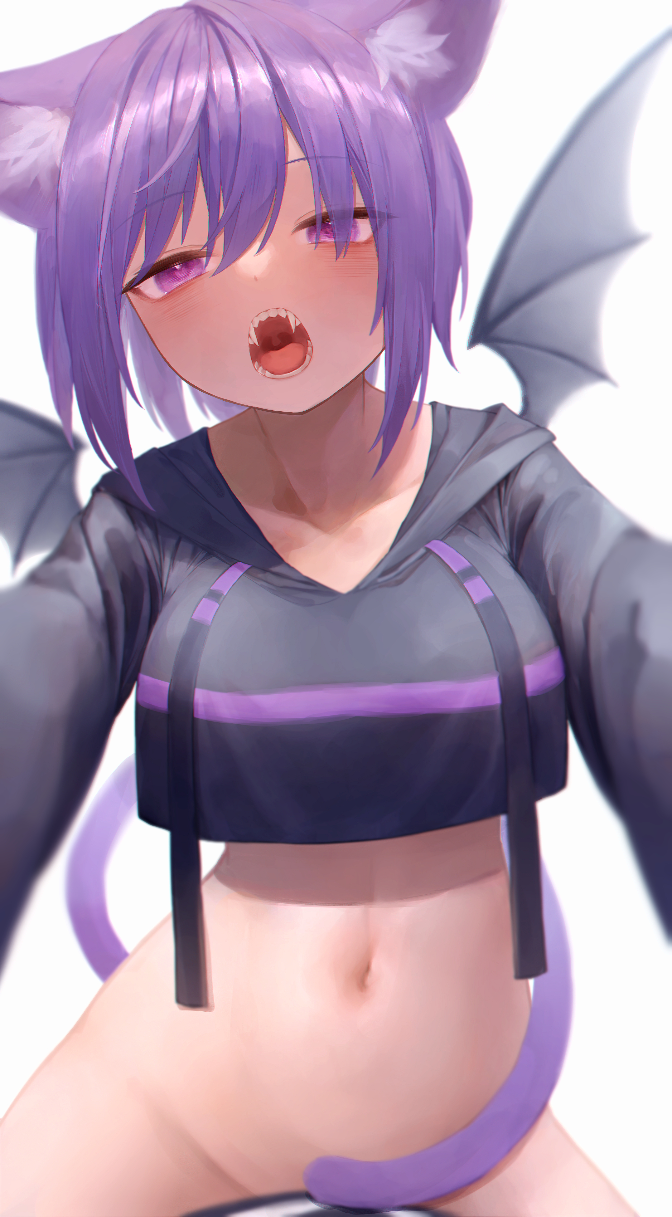 absurdres, animal ear fluff, animal ears, artist request, bangs, bat wings, black hoodie, blush, bottomless, cat ears, cat girl, cat tail, collarbone, commentary, convenient censoring, crop top, crop top overhang, cropped hoodie, drawstring, eyebrows visible through hair, eyes visible through hair, fangs, female, groin, hair between eyes, highres, hololive, hololive gamers, hololive japan, hood, hood down, hoodie, long sleeves, looking at viewer, medium hair, midriff, nanome to, navel, nekomata okayu, open mouth, outstretched arms, purple eyes, purple hair, sidelocks, simple background, solo, tail, tail censor, teeth, thighs, uvula, virtual youtuber, white background, wings