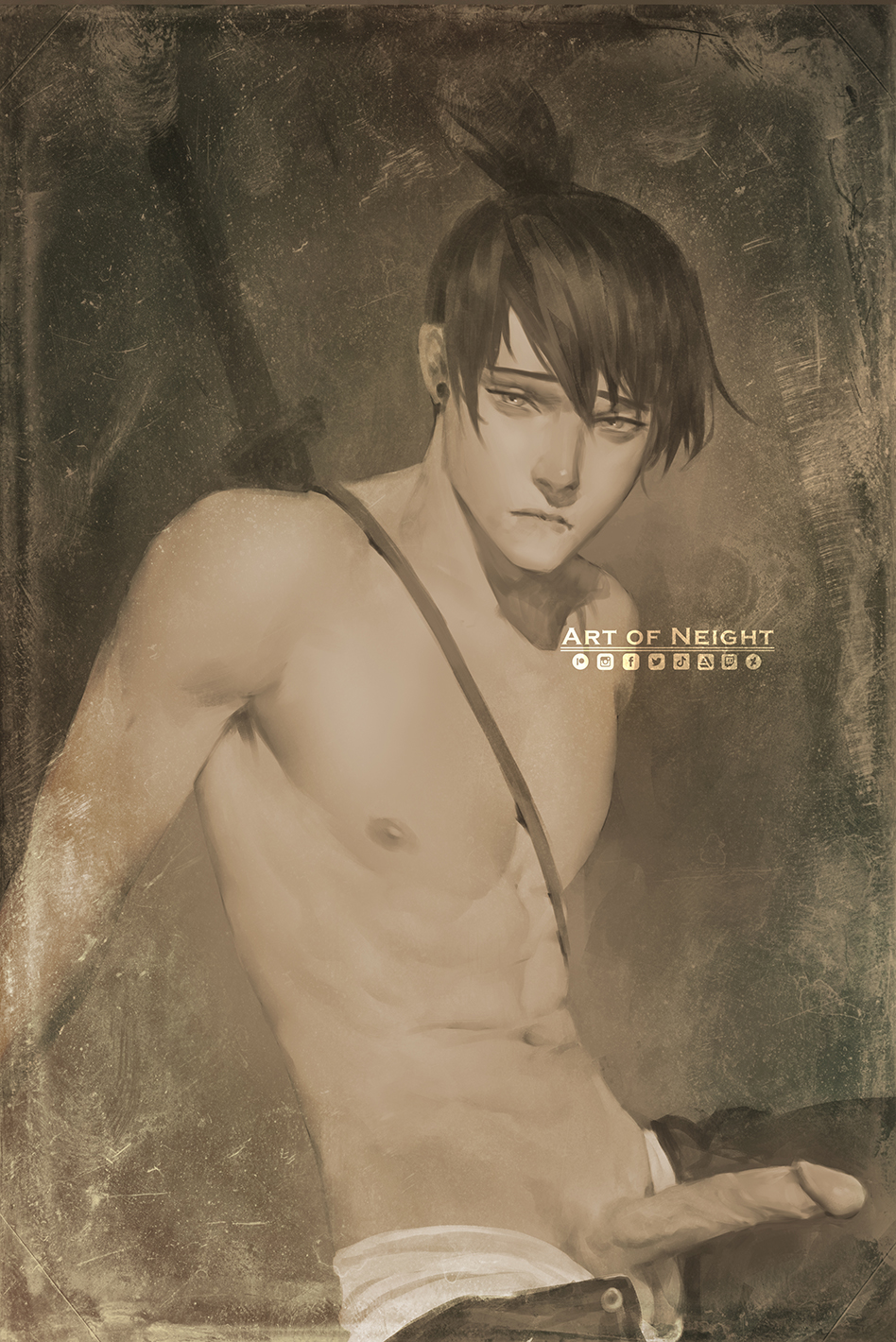 1boy, biting lip, boner, chainsaw man, erection, genitals, hayakawa aki, male, male only, monochrome, neight, penis, proud of his cock, shirtless, solo