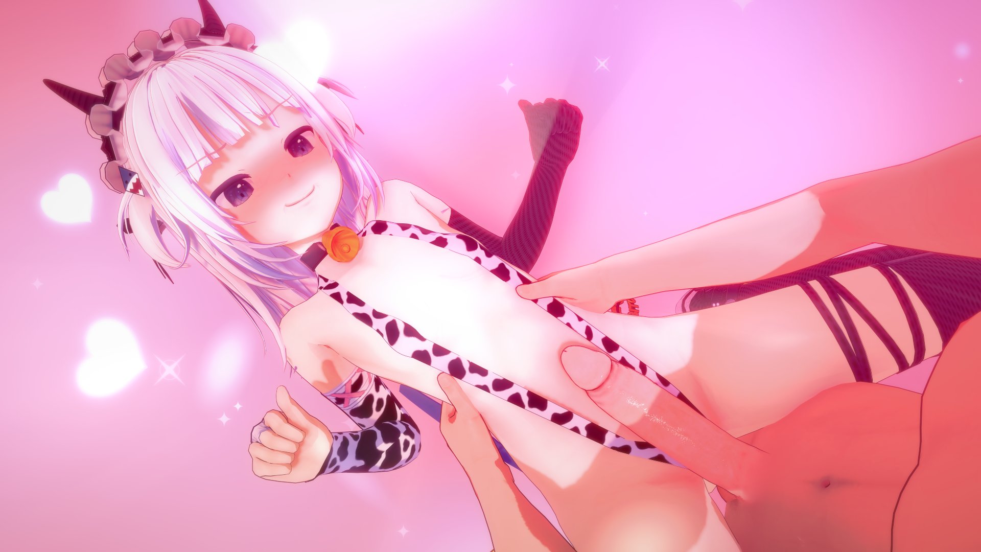 3d, collar, cow print, female, gawr gura, hololive, hololive english, hololive myth, koikatsu, petite, pre-penetration, tagme, virtual youtuber, wataamage