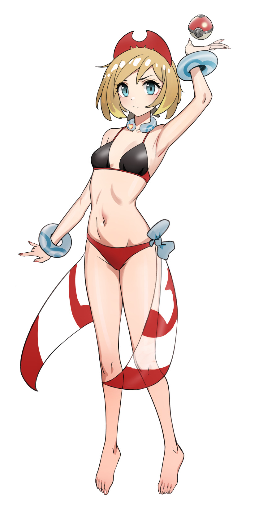 bikini, blonde hair, blue eyes, breasts, female, full body, irida (pokemon), kiritzugu, midriff, navel, pokemon, pokemon legends: arceus, sarong, small breasts, swimsuit