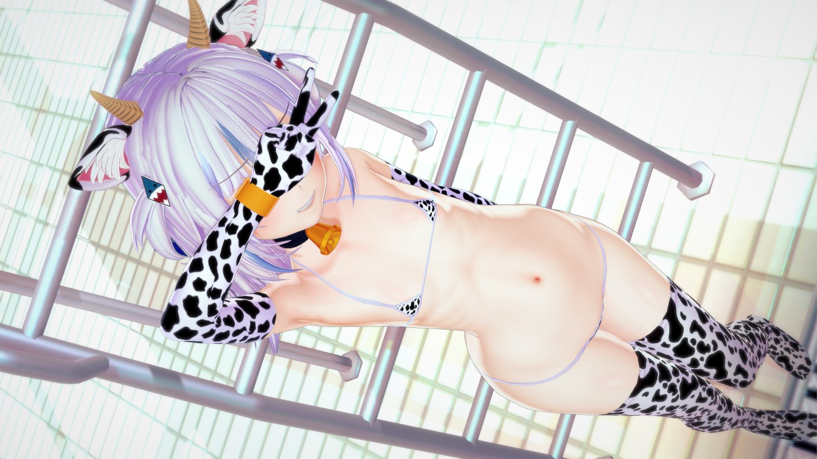 1girls, 3d, bell choker, choker, cow bikini, cow print, female, gawr gura, hololive, hololive english, hololive myth, koikatsu, light skin, light-skinned female, peace sign, solo, solo female, tagme, v sign, virtual youtuber, wataamage