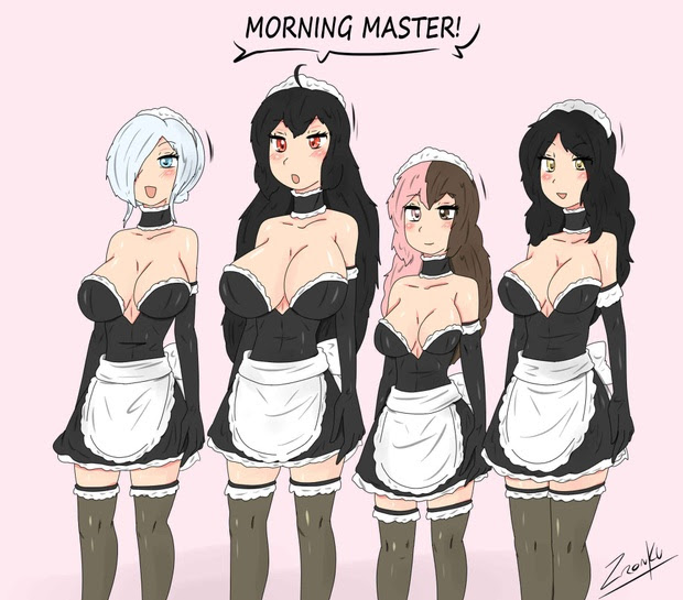 4girls, female, female only, maid, maid headdress, maid outfit, milf, multiple females, multiple girls, neo (rwby), raven branwen, rwby, summer rose, tagme, willow schnee, zronku