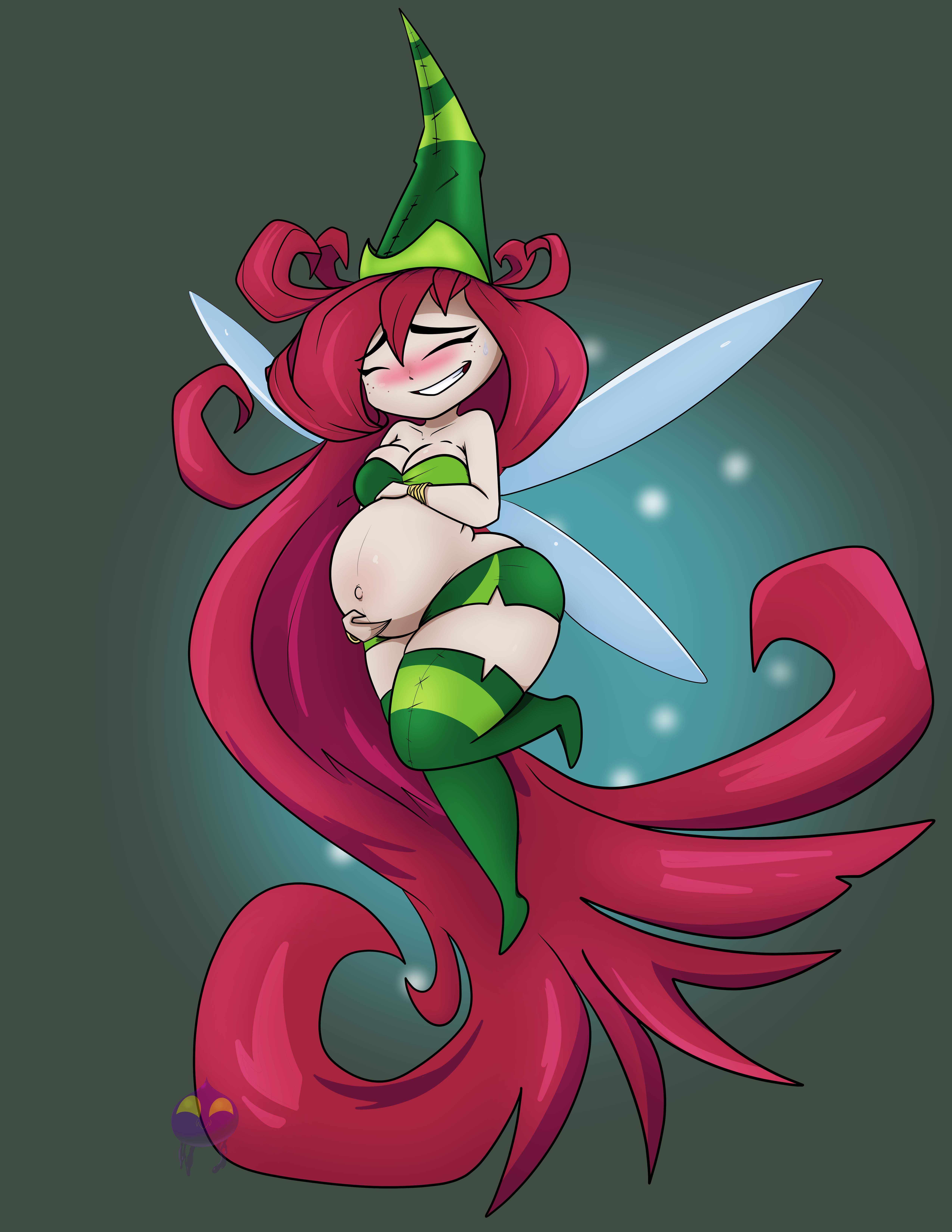 absurd res, belly, betilla (rayman), blush, breasts, cleavage, closed eyes, eyes closed, fairy, fairy wings, female, freckles, hand on stomach, hat, long hair, nymph (rayman), outie navel, pregnant, rayman (series), rayman origins, red hair, skirt, smile, wakingslime, wholesome, wings