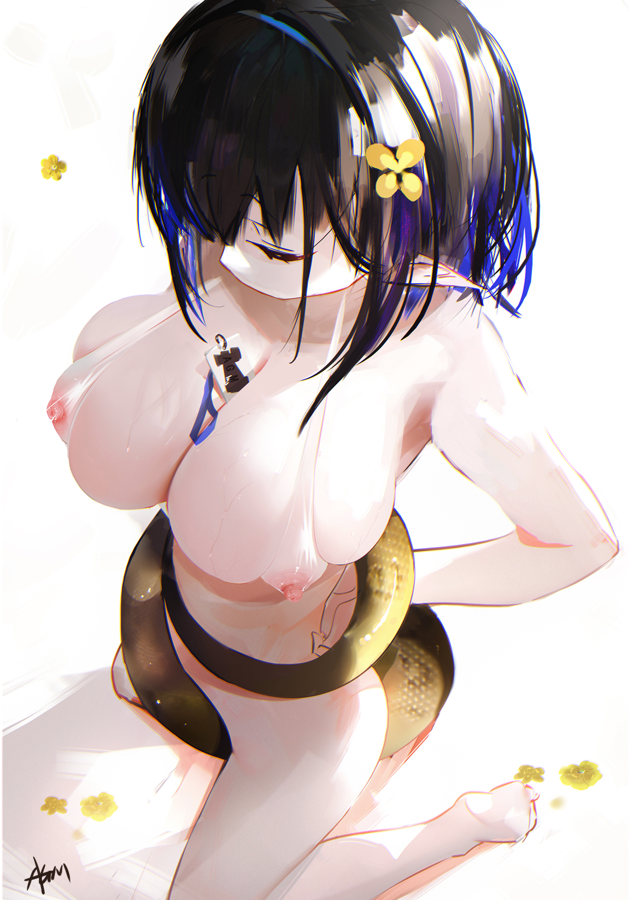 arknights, arm behind back, artist name, bangs, bare shoulders, between breasts, bikini, black hair, blue hair, bottomless, breasts, cleavage, closed eyes, covered nipples, eunectes (arknights), female, flower, hair flower, hair ornament, highres, kneeling, large breasts, medium hair, micro bikini, multicolored hair, nipples, omone hokoma agm, pointy ears, see-through, signature, snake tail, solo, sweat, swimsuit, tail, tail censor, tail wrap, white background, yellow flower