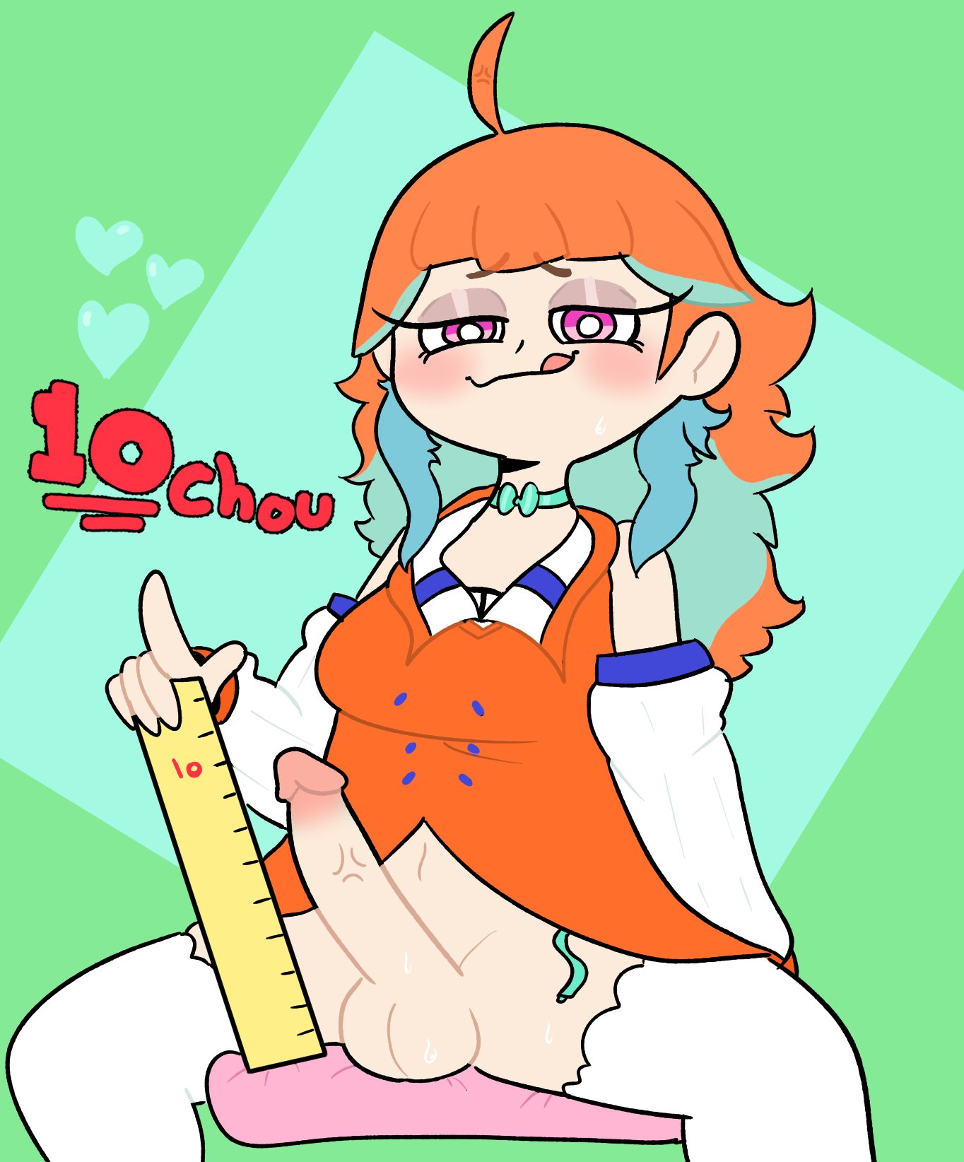 1futa, ahoge, armwear, balls, bare shoulders, big breasts, bluepandalewds, bottomless, breasts, clothed, clothing, detached sleeves, erection, eyeshadow, futa only, futanari, gradient hair, half-dressed, hi res, hololive, hololive english, hololive myth, human, intersex, large breasts, licking lips, light skin, light-skinned futa, looking at viewer, measuring, measuring penis, orange hair, orange shirt, partially clothed, penis, pink eyes, purple eyes, rhombus (shape), shirt, sitting, smug, sole futa, solo, spread legs, stockings, takanashi kiara, takanashi kiara (1st costume), thighhighs, tongue, tongue out, transparent background, vein, vest, virtual youtuber, white armwear, white legwear, white stockings, white thighhighs