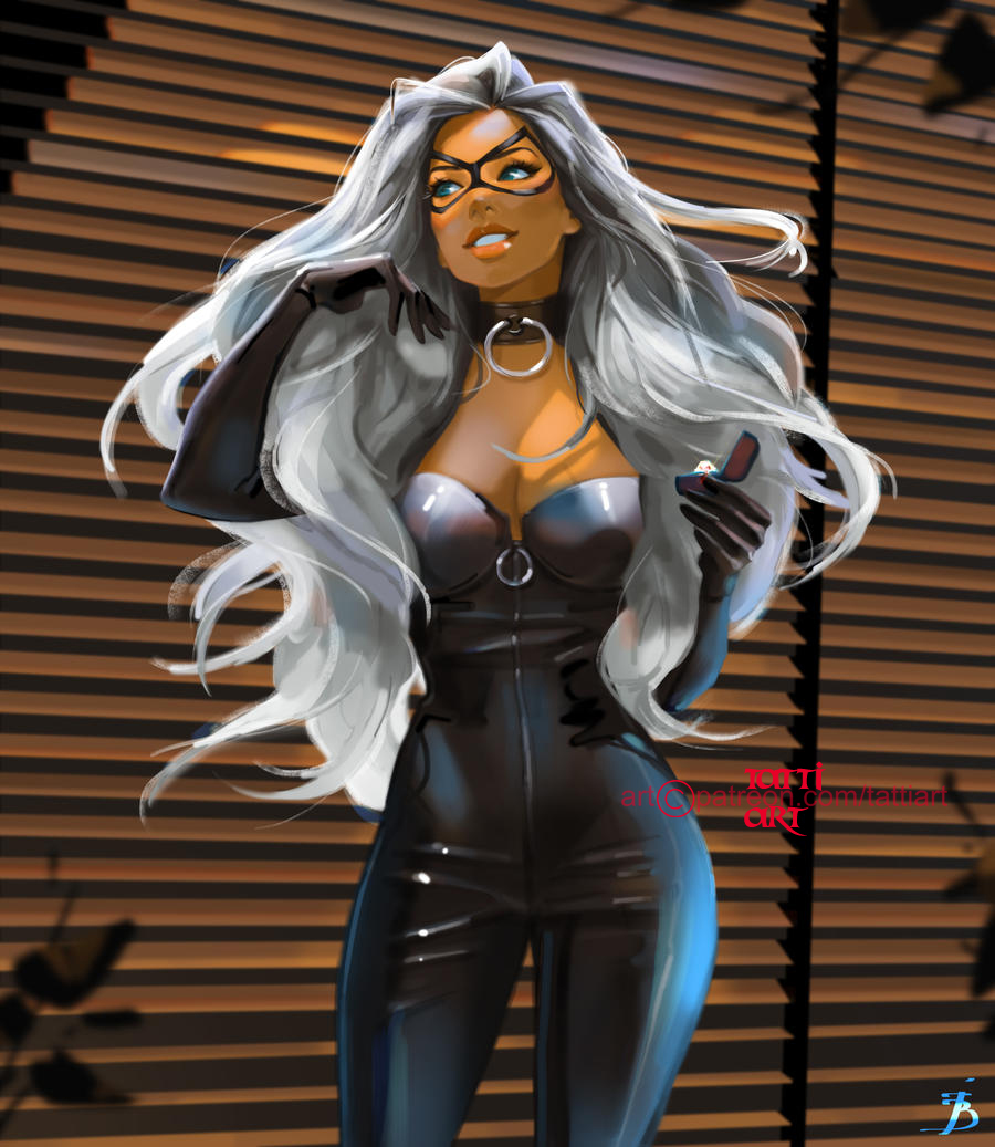 1girls black_cat_(marvel) black_leather breasts choker cleavage curvaceous curvy curvy_female curvy_figure felicia_hardy female female_focus female_only hourglass_figure light-skinned_female light_skin long_hair marvel marvel_comics mask solo solo_female tattiart voluptuous white_hair