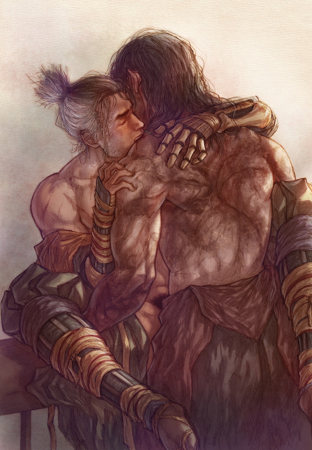 2boys back_muscles bite biting black_hair blood cling closed_eyes fromsoftware functionally_nude gay genichiro_ashina implied_anal implied_sex japanese_clothes lehanan male male_only muscular muscular_male off_shoulder open_clothes prosthetic prosthetic_arm pubic_hair scars sekiro sekiro:_shadows_die_twice tied_hair topless topless_male two_tone_hair yaoi