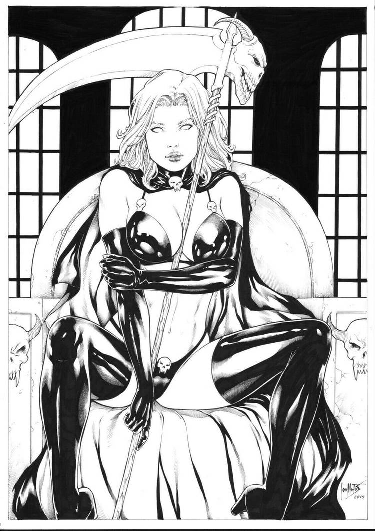 big_breasts breasts ed_benes_studio goddess holding_scythe lady_death large_breasts latex_suit leo_matos monochrome scythe voluptuous