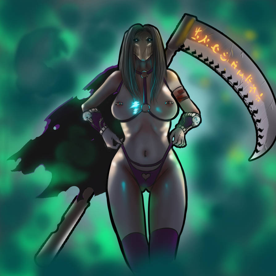 1girls areolae artist_request bare_breasts bare_midriff bare_shoulders bare_thighs big_breasts black_hair breasts busty cape darksiders darksiders_2 death_(darksiders) erect_nipples female female_focus female_only hips inner_sideboob large_breasts leggings legwear long_hair mask masked masked_female midriff mist nephilim nipple_piercing nipples no_bra pierced_nipples piercing piercings pulling_panties pulling_thong rule_63 runes scythe skull_mask smoke sole_female solo solo_female solo_focus straight_hair tattered_clothing thick_thighs thong topless tugging voluptuous weapon wide_hips