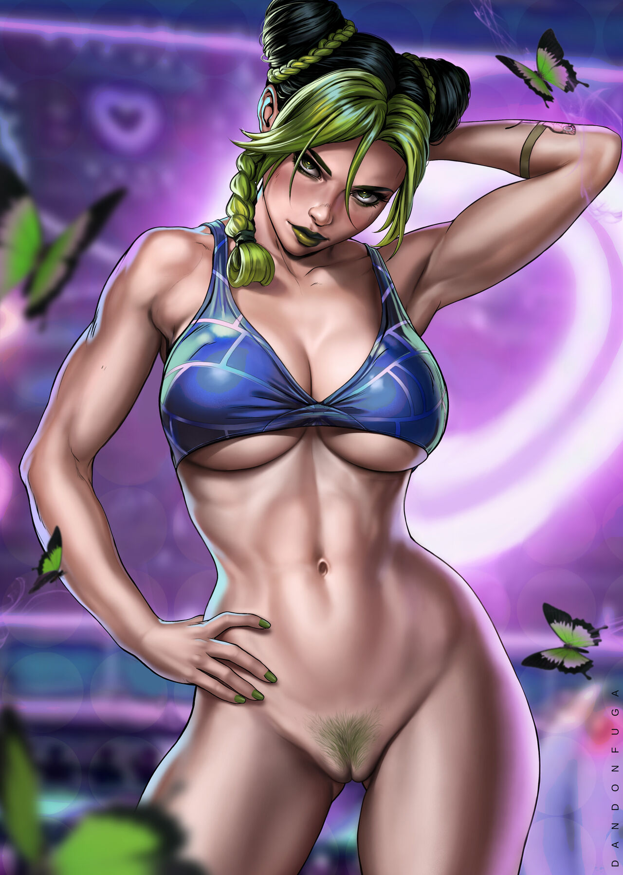 1girls, bikini, bikini top, bottomless, breasts, butterfly, butterfly tattoo, dandon fuga, female, female only, fully clothed, green hair, hand on hip, jojo's bizarre adventure, jolyne kujo, multicolored hair, navel, solo, stone ocean
