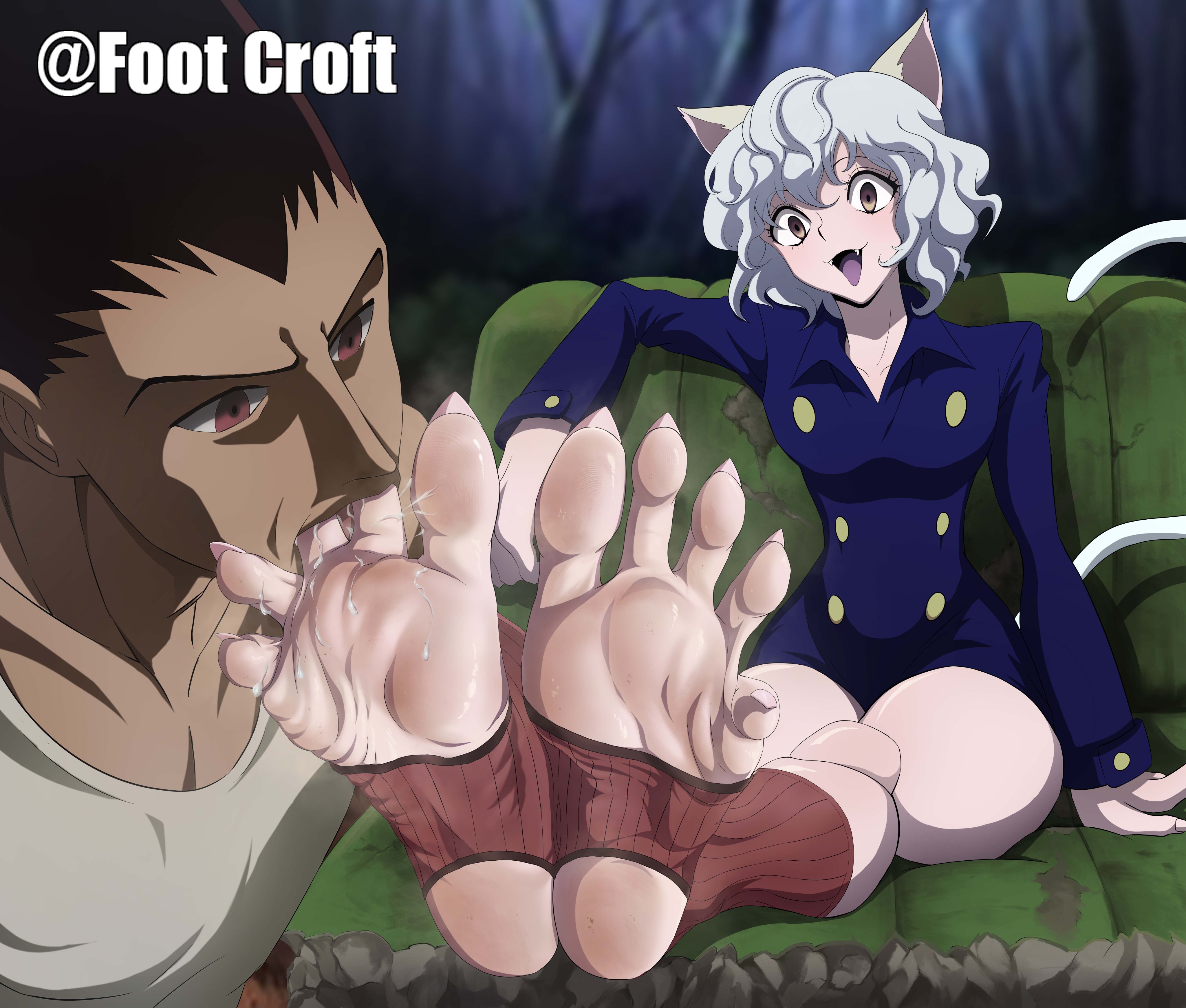 1boy, 1girls, 5 fingers, barefoot, clothed, clothed female, feet, female, foot fetish, foot focus, footcroft, gon freecss, hunter x hunter, legwear, male, neferpitou, sharp toenails, soles, stirrup legwear, sucking toes, toeless legwear, toes
