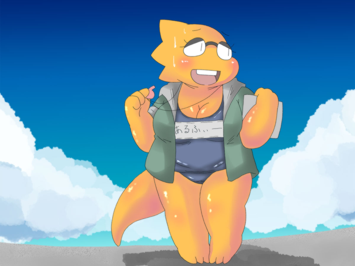 1girls 2d alphys aruput aruput_ut beach big_breasts blush chubby cleavage female female_only glasses humanoid lizard lizard_girl lizard_humanoid one-piece_swimsuit solo solo_female sweat sweatdrop sweating sweaty swimsuit tagme undertale undertale_(series)