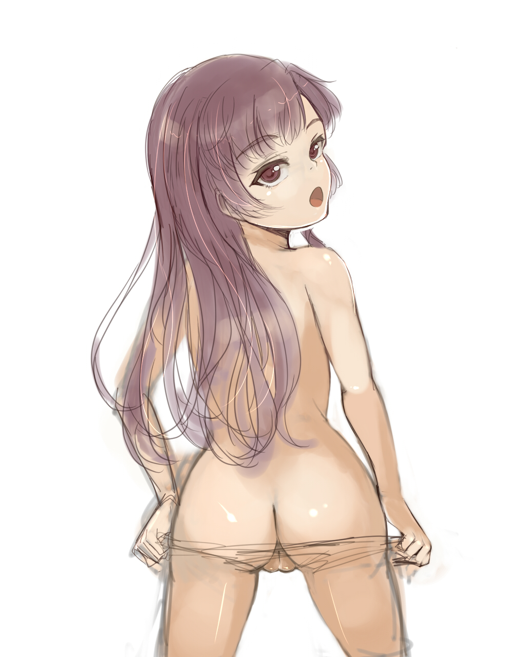 :o ass black_eyes black_hair brown_eyes brown_hair clothing face female female from_behind high_resolution kuhouin_murasaki kure-nai kurenai lingerie long_hair looking_back mune open_mouth pantsu panty_pull pantyhose simple_background sketch solo underwear underwear_pull vagina