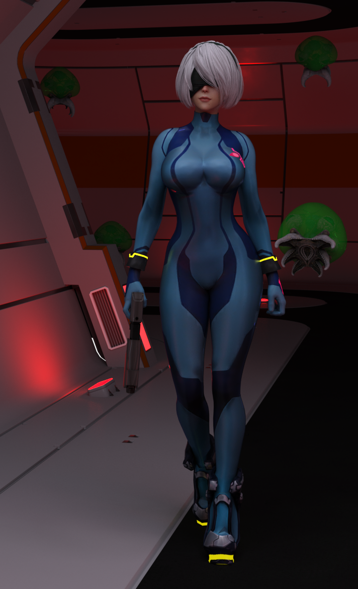 1girls 3d 3d_(artwork) alien big_breasts blindfold blue_bodysuit bodysuit breasts cosplay crossover crossover_cosplay curvaceous curvy_figure daz3d daz_studio female hallway high_heels human imminent_rape metroid metroid_(creature) nier:_automata oblivious pin3d samus_aran_(cosplay) sci-fi white_hair yorha_2b zero_suit zero_suit_samus_(cosplay)