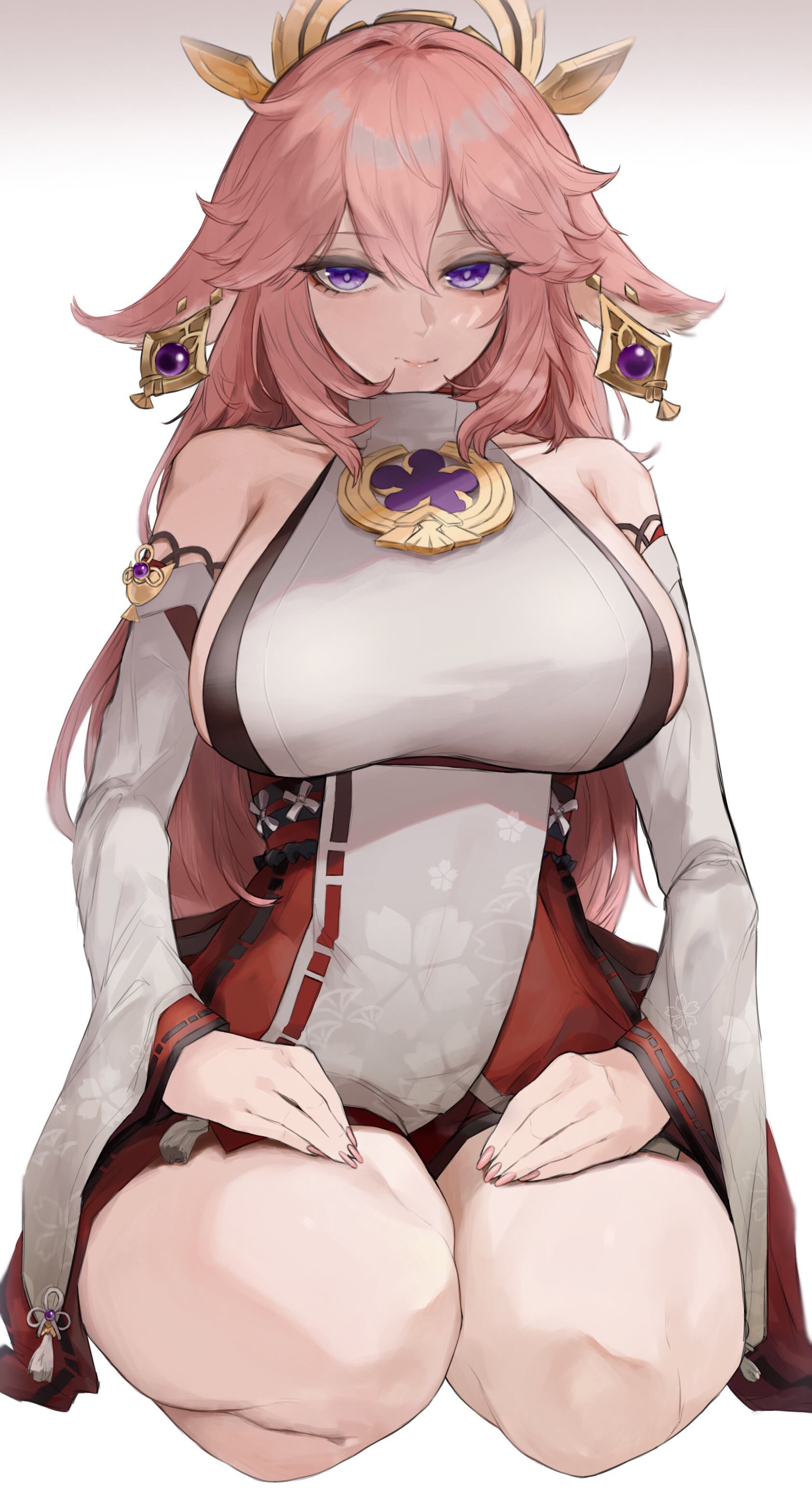 1girls, 2022, animal ears, blush, breasts, clothed, clothed female, ear piercing, female, female only, fox ears, fox girl, genshin impact, hair ornament, hi res, hips, huge breasts, kataku musou, kitsune, kneeling, long hair, looking at viewer, miko, pink hair, purple eyes, shrine maiden, slim waist, thick thighs, thighs, wide hips, yae miko
