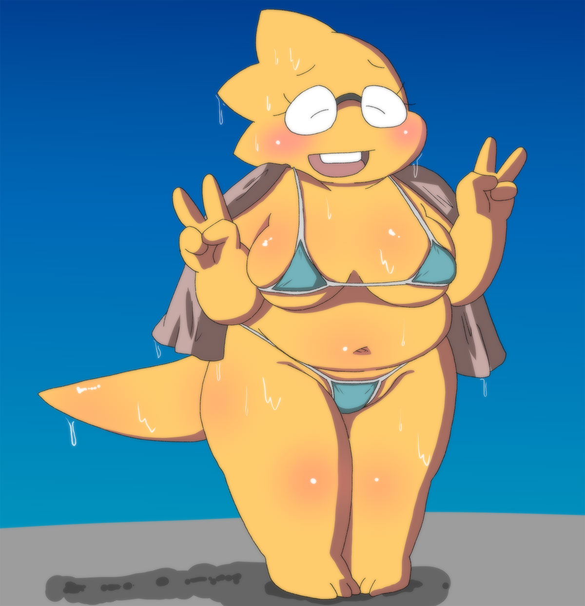 1girls 2d alphys aruput aruput_ut big_breasts blush chubby double_v embarrassed female female_only glasses huge_breasts humanoid lizard_girl lizard_humanoid peace_sign solo swimsuit tagme towel undertale undertale_(series) v wet