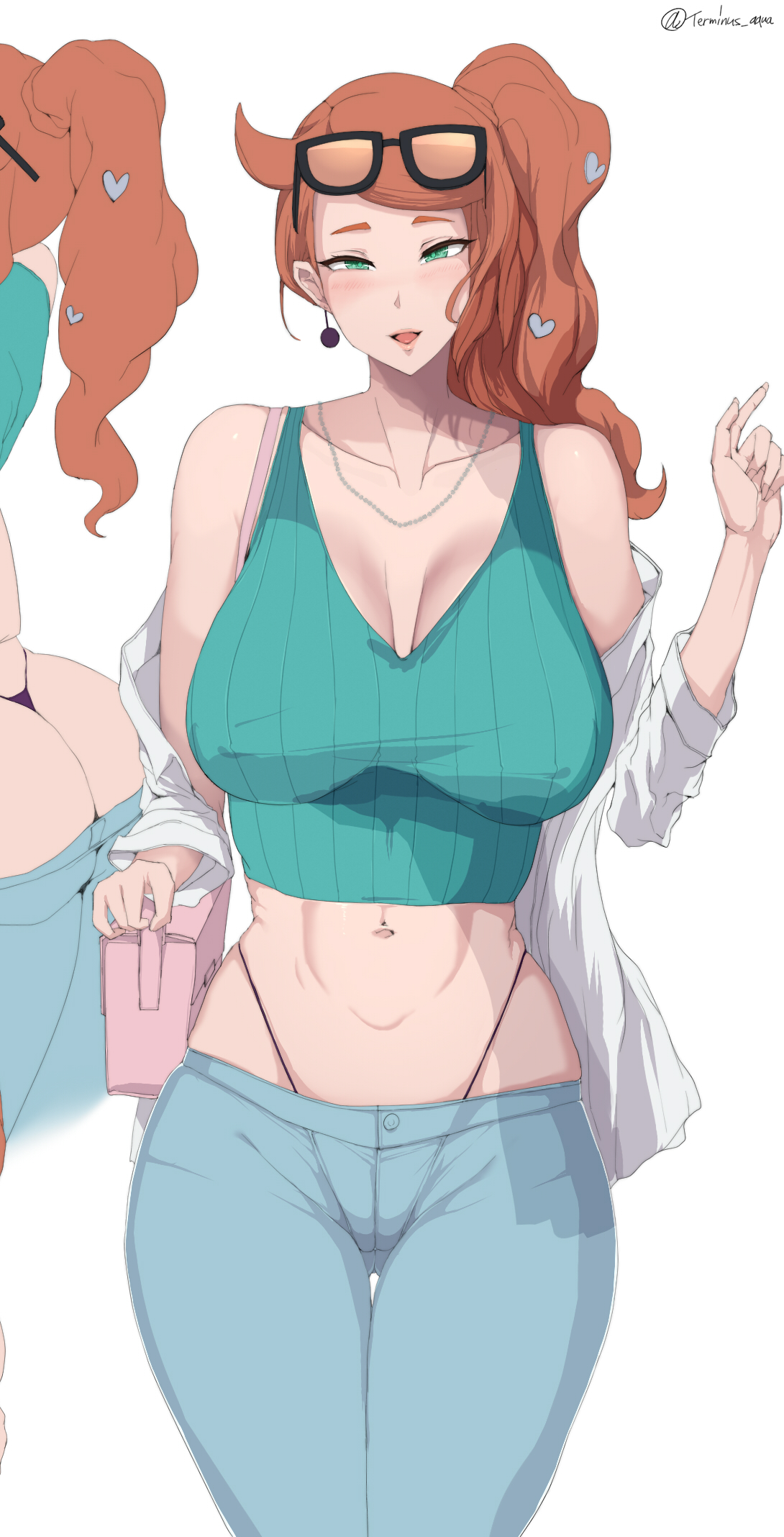 1girls, 2022, alternate breast size, ass, black panties, blush, breasts, cleavage, clothed, clothed female, female, female only, glasses, glasses on head, hair ornament, heart hair ornament, highleg panties, hips, jeans, labcoat, large ass, large breasts, long hair, looking at viewer, midriff, nintendo, orange hair, panties, pokemon, pokemon professor, pokemon ss, side ponytail, simple background, slim waist, sonia (pokemon), tank top, teal eyes, terminus aqua, thick thighs, thigh gap, thighs, thong, wide hips