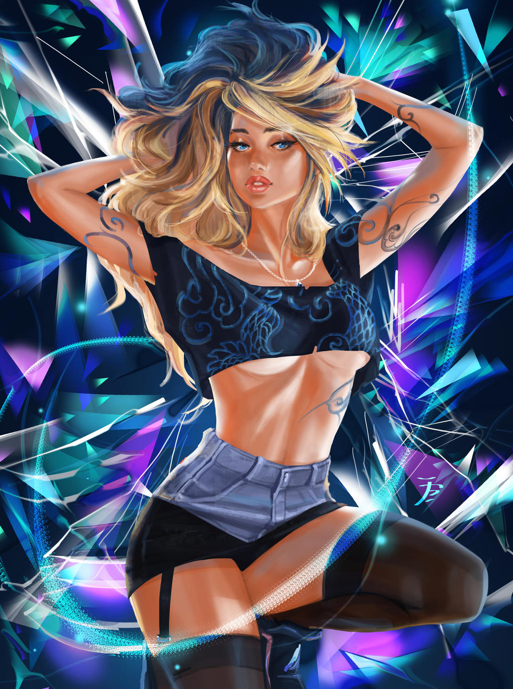 1girls, akali, blonde hair, blue eyes, breasts, curvaceous, curvy, curvy female, curvy figure, exposed torso, female, female focus, female only, league of legends, light skin, light-skinned female, pose, posing, solo, solo female, tattiart, tattoo, tattoos, thighs, underboob, voluptuous