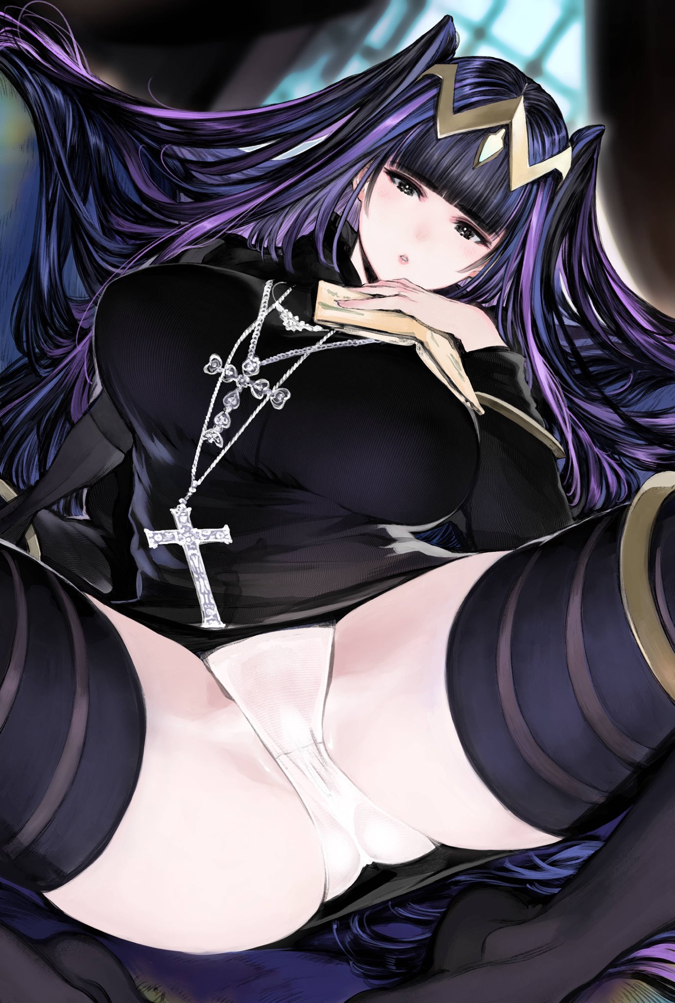 1girls, alternate costume, bangs, black dress, black eyes, black hair, black legwear, blunt bangs, blurry, blurry background, blush, book, breast suppress, breasts, circlet, commentary, commission, cross, cross necklace, curtains, dress, eyebrows visible through hair, feet out of frame, female, female only, fire emblem, fire emblem awakening, hand on own chest, highres, holding, holding book, houden eizou, jewelry, large breasts, lips, long hair, looking at viewer, necklace, nintendo, nun, nun's habit, open book, panties, parted lips, partially visible vulva, plump, purple hair, pussy, ribbed dress, short dress, skeb commission, solo, spread legs, tharja (fire emblem), thick thighs, thighhighs, thighs, two side up, underwear, white panties, window