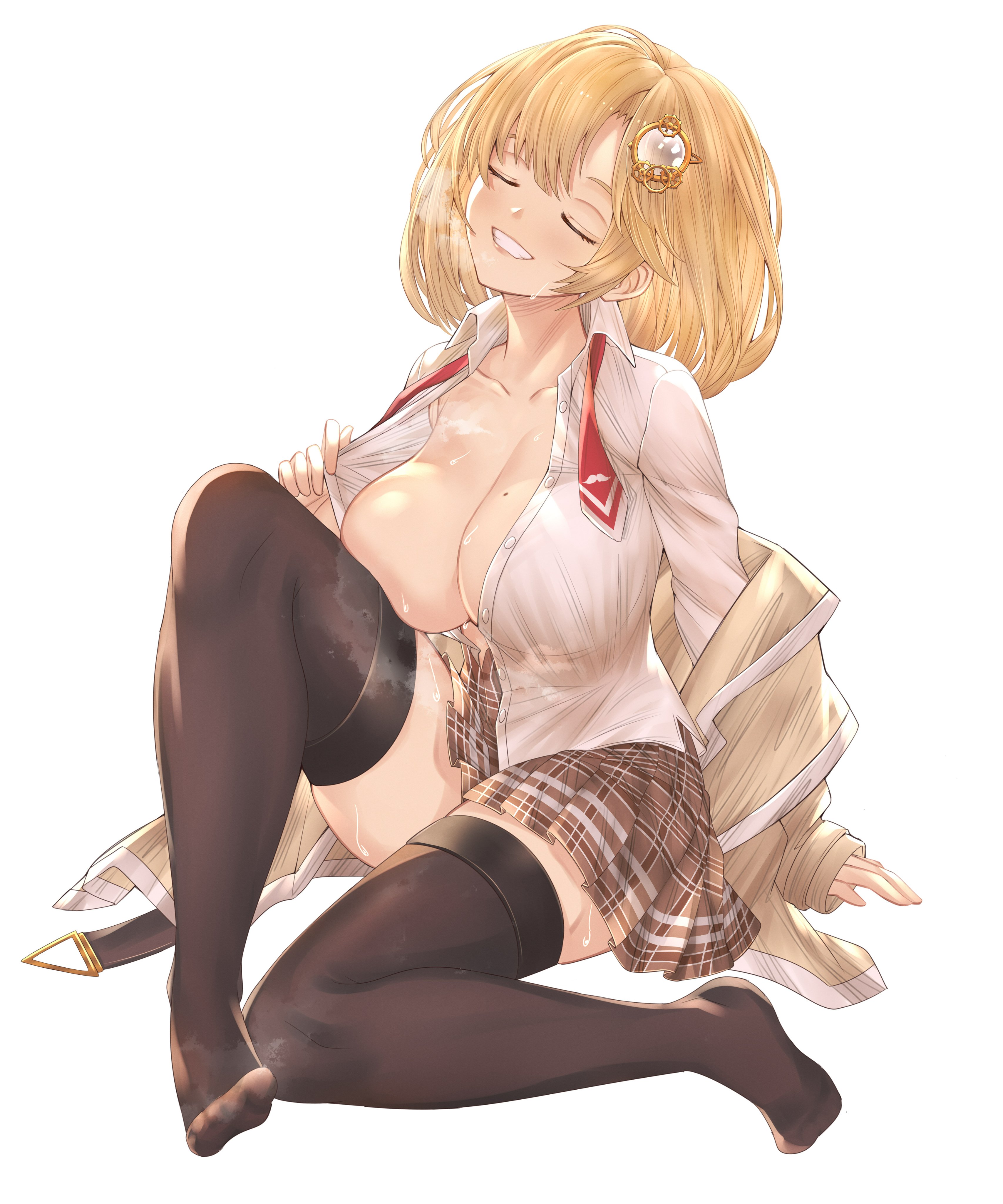 1girls, big breasts, blush, breasts, closed eyes, female, female only, hololive, hololive english, hololive myth, honkivampy, large breasts, mole, mole on breast, no bra, open shirt, shirt, skirt, smile, stockings, sweat, thick thighs, tie, undressing, virtual youtuber, watson amelia, white background