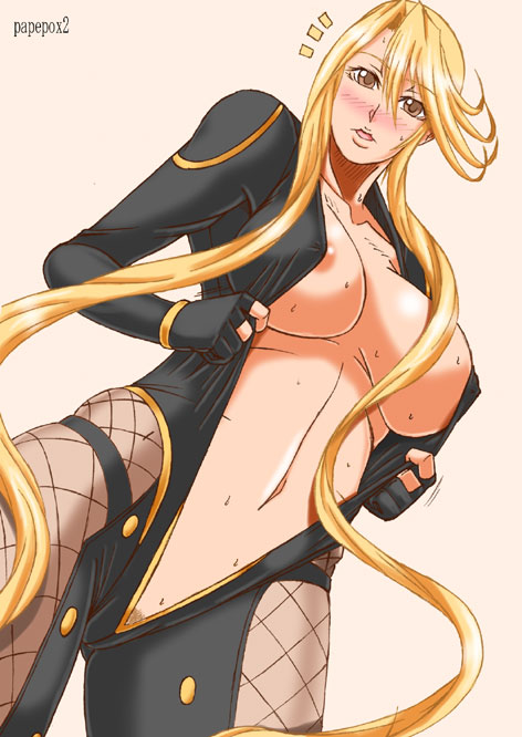 1girls areolae big_breasts blonde_hair blush breasts busty cleavage clothing fishnets hairy_pussy hip_vent kasuga kunoichi large_breasts papepox2 pubes pubic_hair pussy_hair sengoku_basara undressing voluptuous yellow_eyes