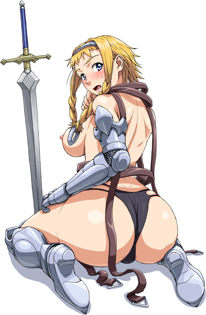 armor ass back blonde_hair blue_eyes blush braid breasts justice_fist kneeling leina looking_back nigou panties queen's_blade sword thong topless twin_braids underwear weapon