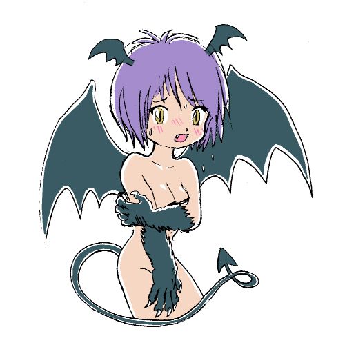 bi-nyo blush demon_girl embarrassed female head_wings lowres monster_girl nude pukao purple_hair short_hair solo succubus tail wings yellow_eyes