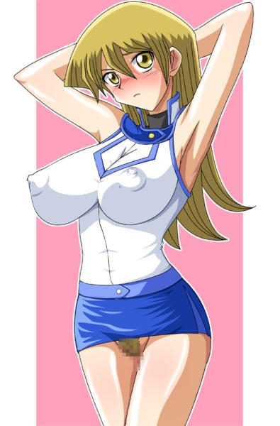 armpits arms_up blonde_hair blush breasts large_breasts miniskirt nipple_bulge nipples obelisk_blue_uniform pubic_hair pussy skirt tenjouin_asuka yu-gi-oh!