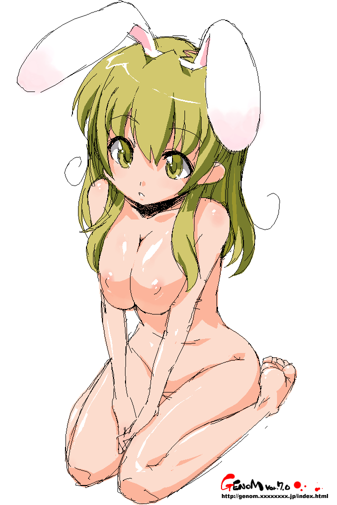 1girls animal_ear breast_squeeze breasts bunny_ear female female_only genom green_eyes green_hair large_breasts nude onija_taro onija_tarou sketch solo