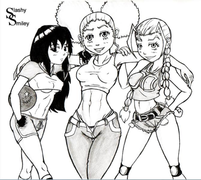 afro_puffs ball black_hair breasts cindy_mcphearson cut_offs daisy_dukes greyscale hips jazmine_dubois ming_long-dou monochrome shorts slashysmiley smile straight_hair the_boondocks tied_hair twintails