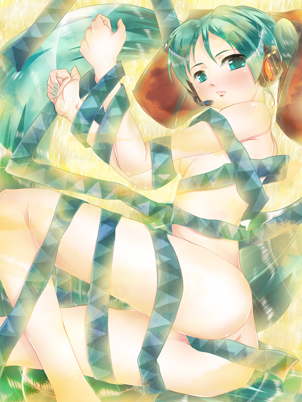 bound_hands bound_wrists breasts green_eyes green_hair hatsune_miku headphones leg_lift long_hair lying microphone morihama_karute naked_ribbon nude ribbon tied_hair twintails vocaloid