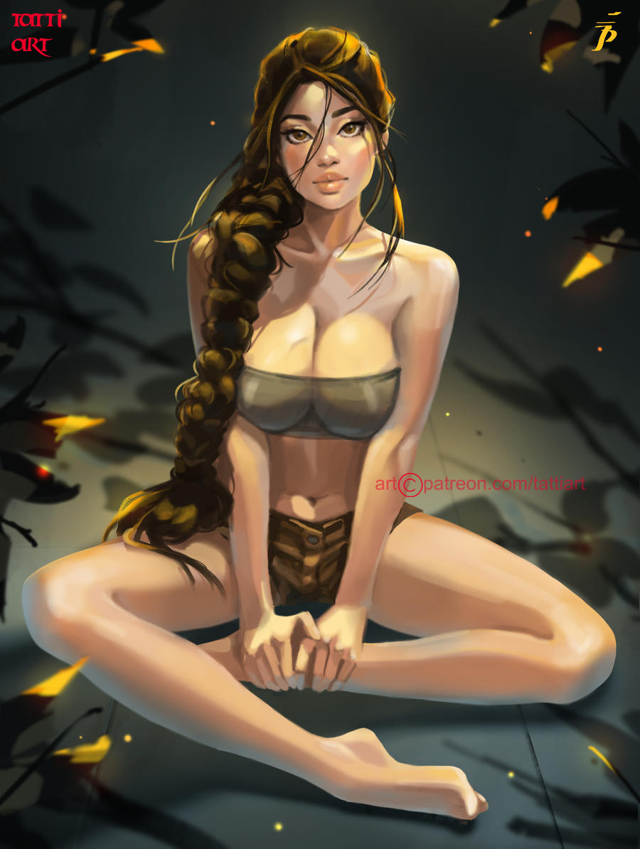 1girls, braid, braided hair, braided ponytail, breasts, british, brown hair, cleavage, curvaceous, curvy, curvy female, curvy figure, embracer group, european, female, female focus, female only, lara croft, lara croft (classic), legs, legs crossed, light skin, light-skinned female, long hair, petite, ponytail, seductive look, sitting, solo, solo female, tattiart, thighs, tomb raider, tomb raider (classic), voluptuous