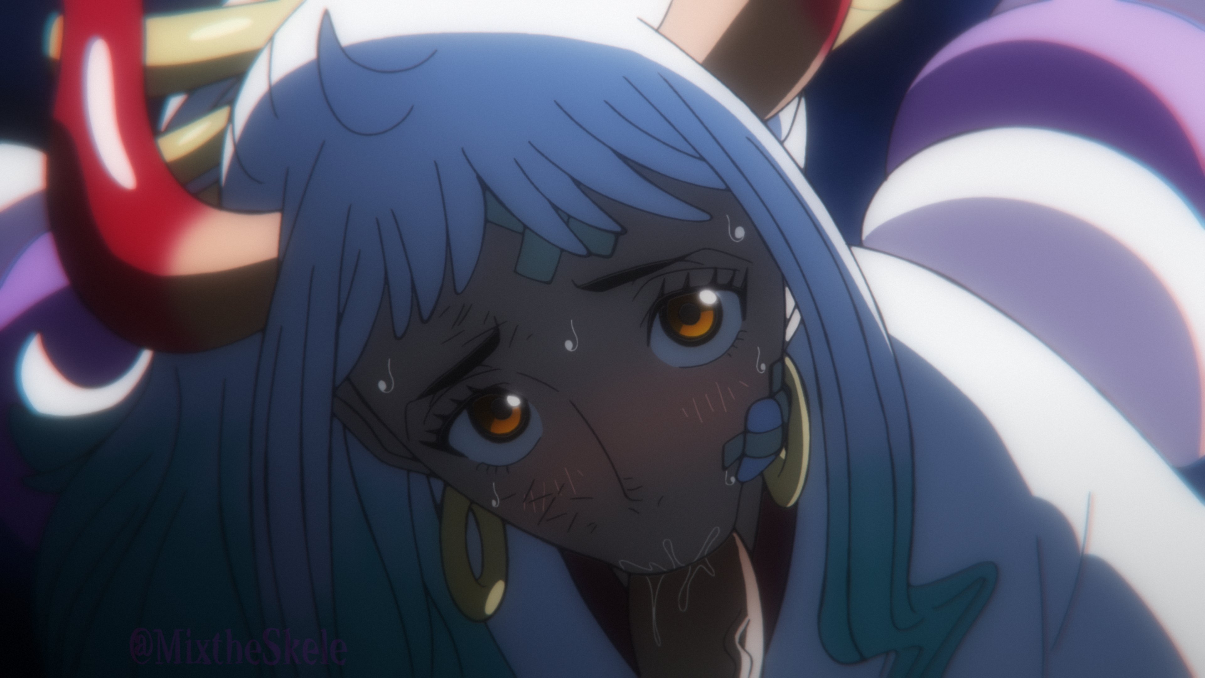 :>=, 1boy, 1girls, bandaid, bandaid on cheek, blush, close-up, clothed female, eye contact, fellatio, female, hair ornament, horns, looking at viewer, male, male pov, mixtheskele, moonlight, night, one piece, penis, penis in mouth, pov, red horns, saliva, sweat, tied hair, two-tone hair, veiny penis, white hair, white-haired female, yamato (one piece)