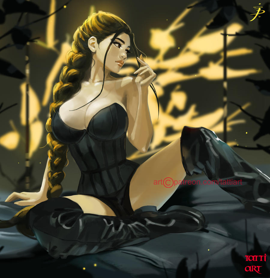 1girls, black clothing, boots, braid, braided hair, breasts, brown hair, cleavage, curvaceous, curvy, curvy female, curvy figure, female, female focus, female only, hourglass figure, lara croft, lara croft (classic), legs, light skin, light-skinned female, pose, posing, sitting, solo, solo female, tattiart, thigh boots, thighs, tomb raider, tomb raider (classic), voluptuous
