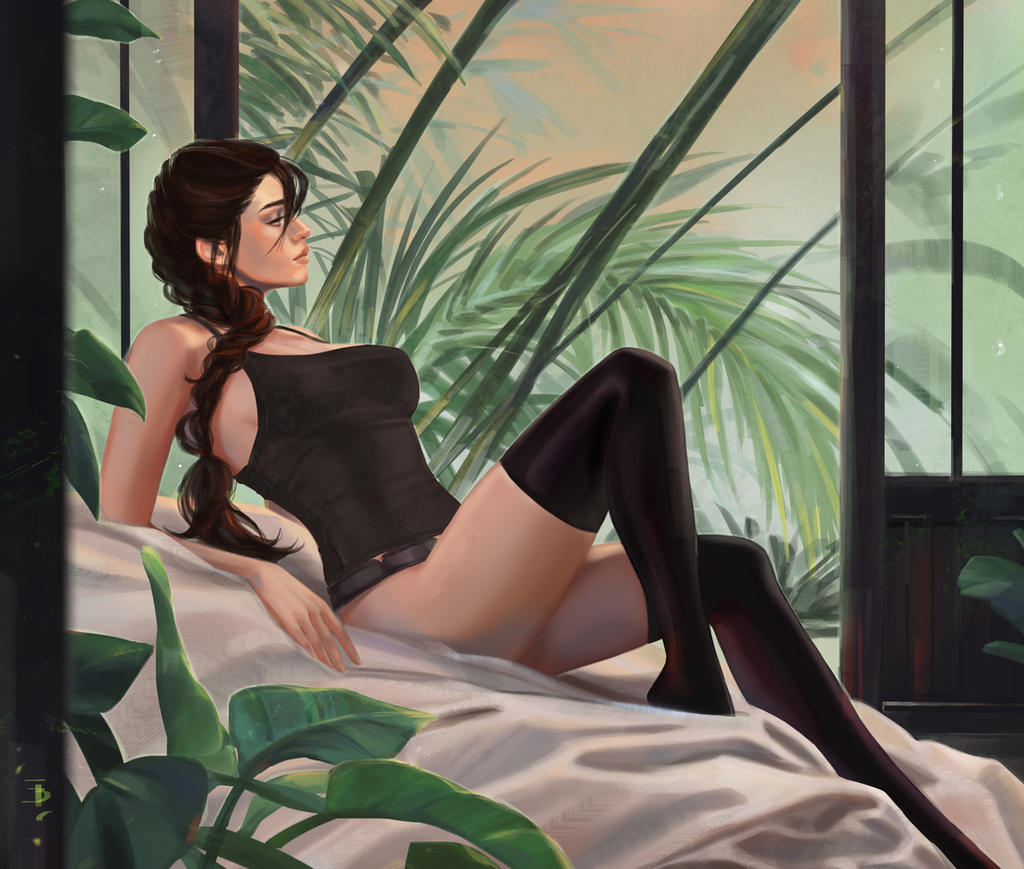 1girls, bed, bedroom, black clothing, braid, braided hair, brown hair, curvaceous, curvy, curvy female, curvy figure, female, female focus, female only, hourglass figure, lara croft, lara croft (classic), legs, light skin, light-skinned female, pose, posing, solo, solo female, tattiart, thighs, tomb raider, tomb raider (classic), voluptuous