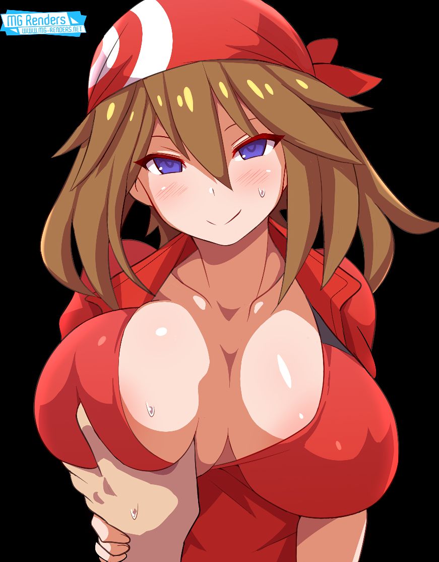 1boy 1girls alternate_breast_size anime_style black_background blue_eyes blush breast_grab breast_squeeze breasts brown_hair clothing female grabbing guided_breast_grab happy headband human konno_tohiro large_breasts looking_at_viewer may_(pokemon) medium_hair mg_renders pale_skin pokemon pov smile smiling sweat sweatdrop uncensored upper_body