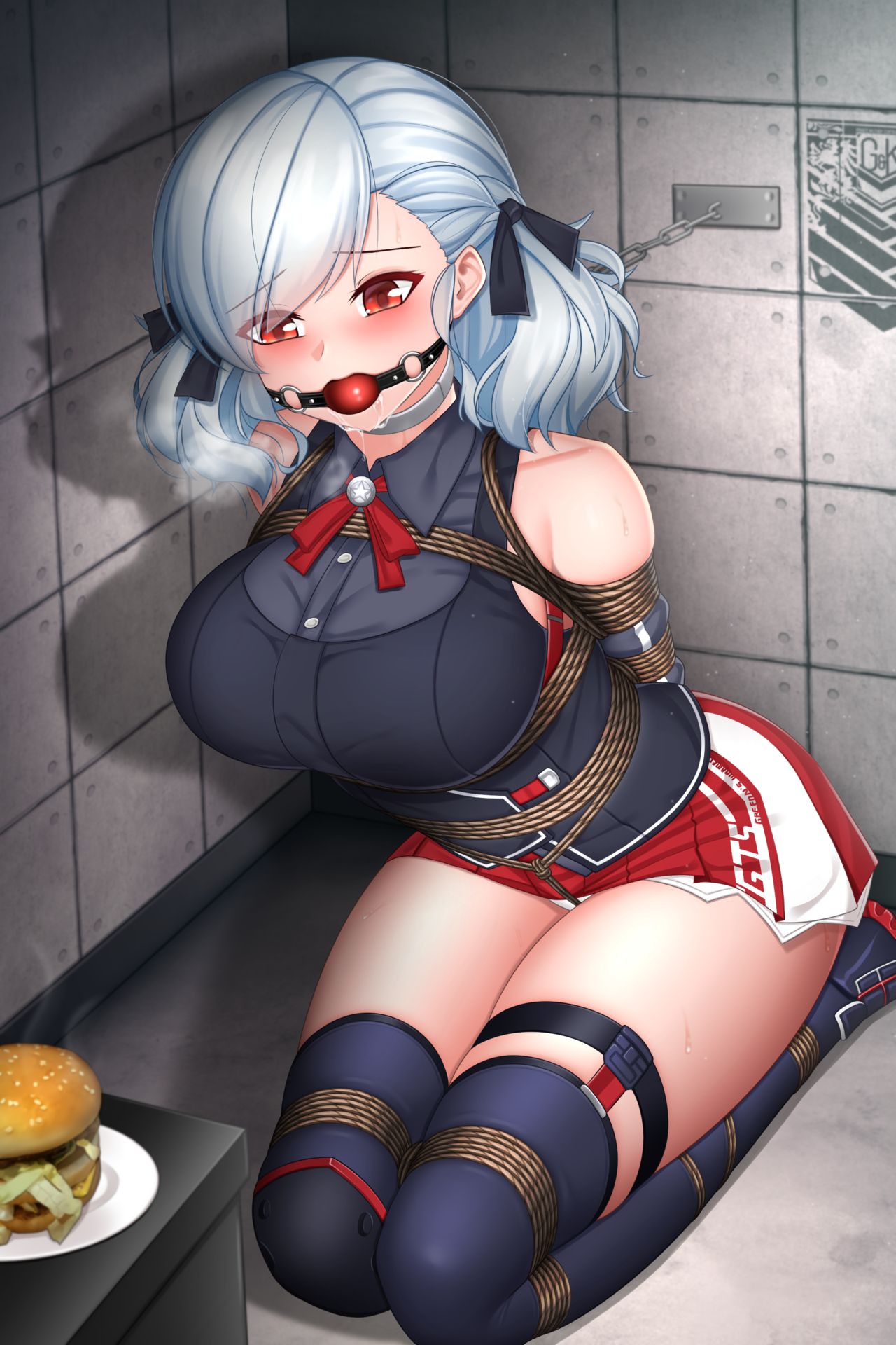 arms_behind_back ball_gag big_breasts blush bondage boots bowtie burger chained cheerleader_uniform collar crotch_rope elbows_together eyebrows_visible_through_hair gag gagged girls'_frontline hair_ribbon kneeling legs_tied legs_together looking_down plusout short_skirt skirt spas-12_(girls'_frontline) twin_buns uniform white_hair worried worried_expression